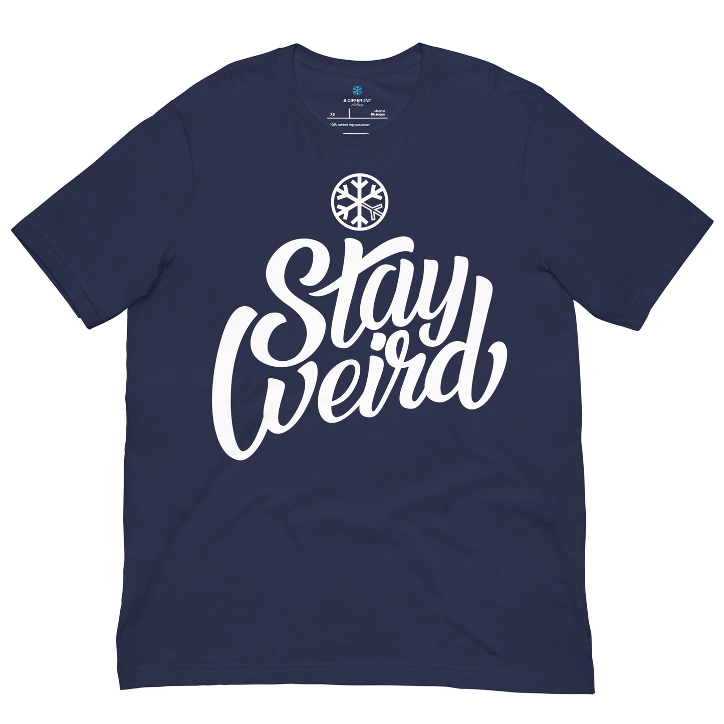 Navy-Stay Weird Tee from B.Different Clothing, front view, graffiti-inspired streetwear t-shirt