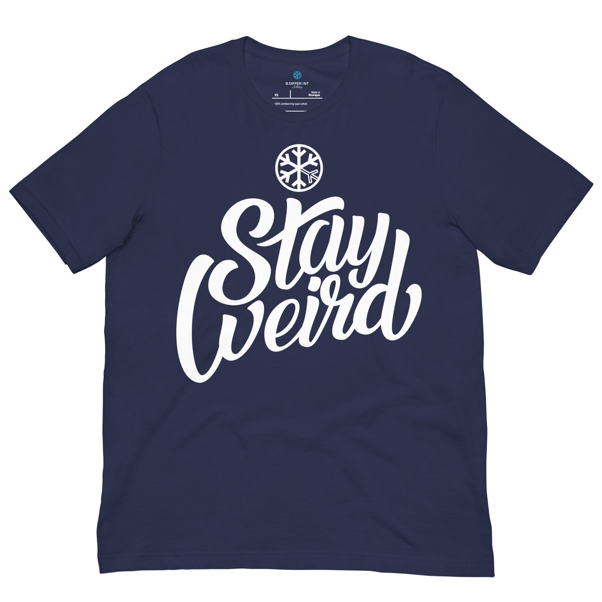 Navy-Stay Weird Tee from B.Different Clothing, front view, graffiti-inspired streetwear t-shirt
