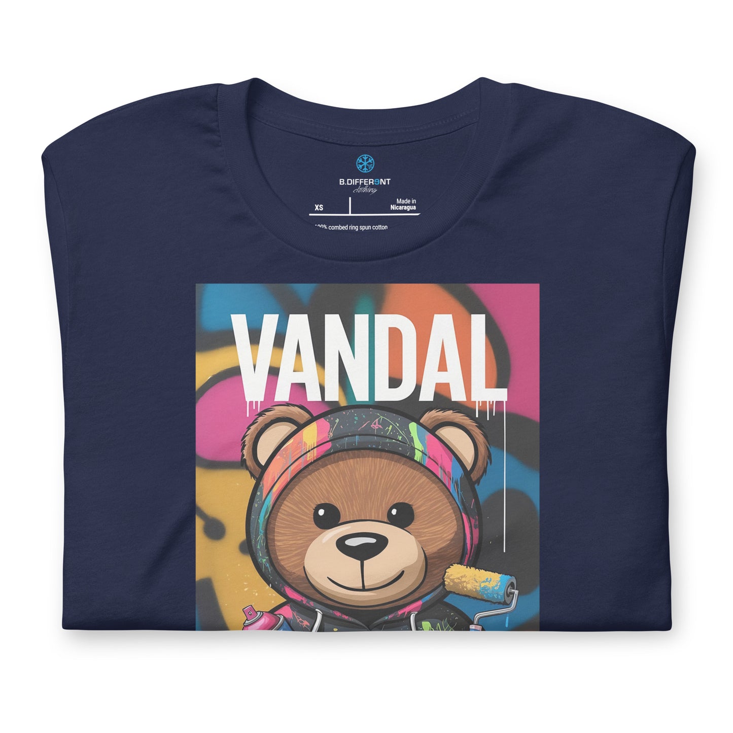 Navy-Vandal Teddy Bear Graffiti Tee from B.Different Clothing, folded, graffiti-inspired streetwear