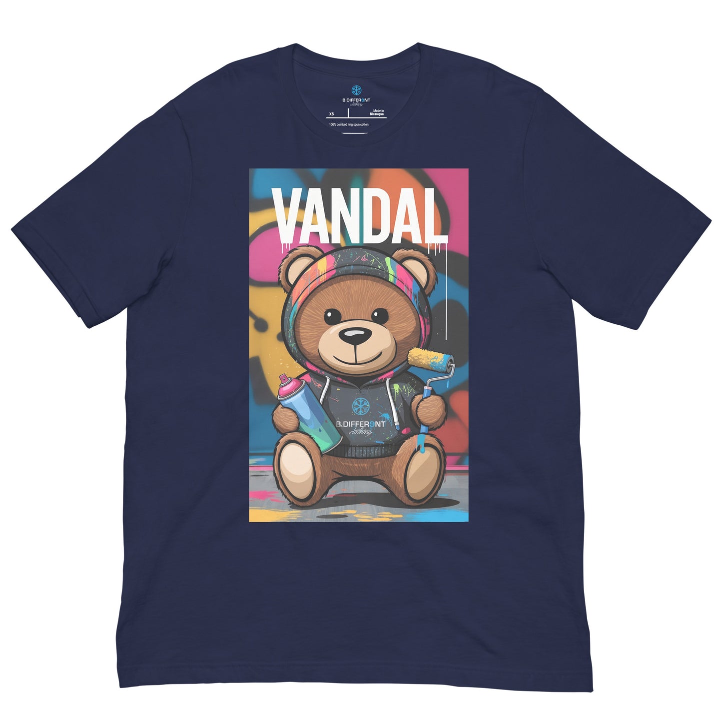 Navy-Vandal Teddy Bear Graffiti Tee from B.Different Clothing, front view, graffiti-inspired streetwear