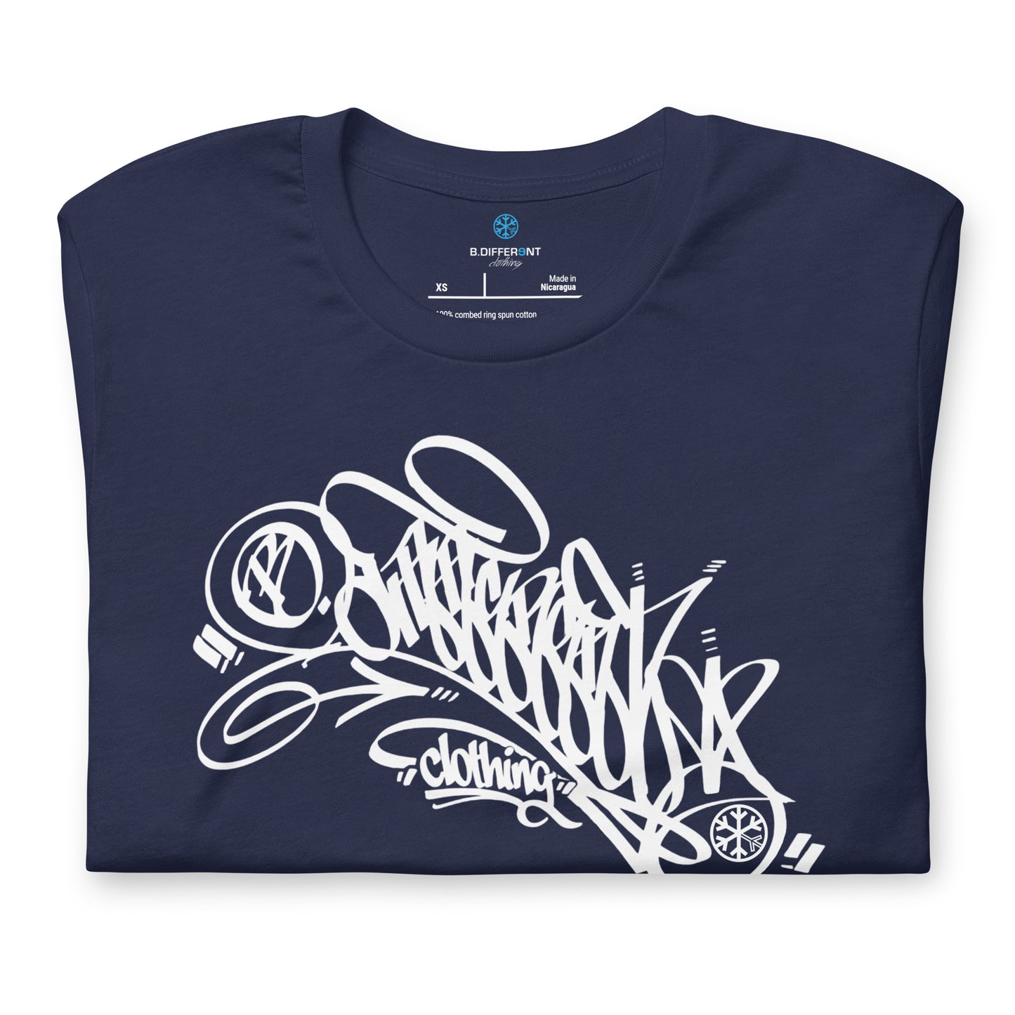 Navy-B.Different Clothing Graffiti Tag Tee from B.Different Clothing, folded, graffiti-inspired streetwear t-shirt