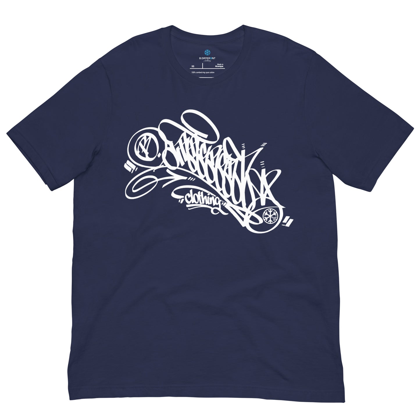 Navy-B.Different Clothing Graffiti Tag Tee from B.Different Clothing, front view, graffiti-inspired streetwear t-shirt