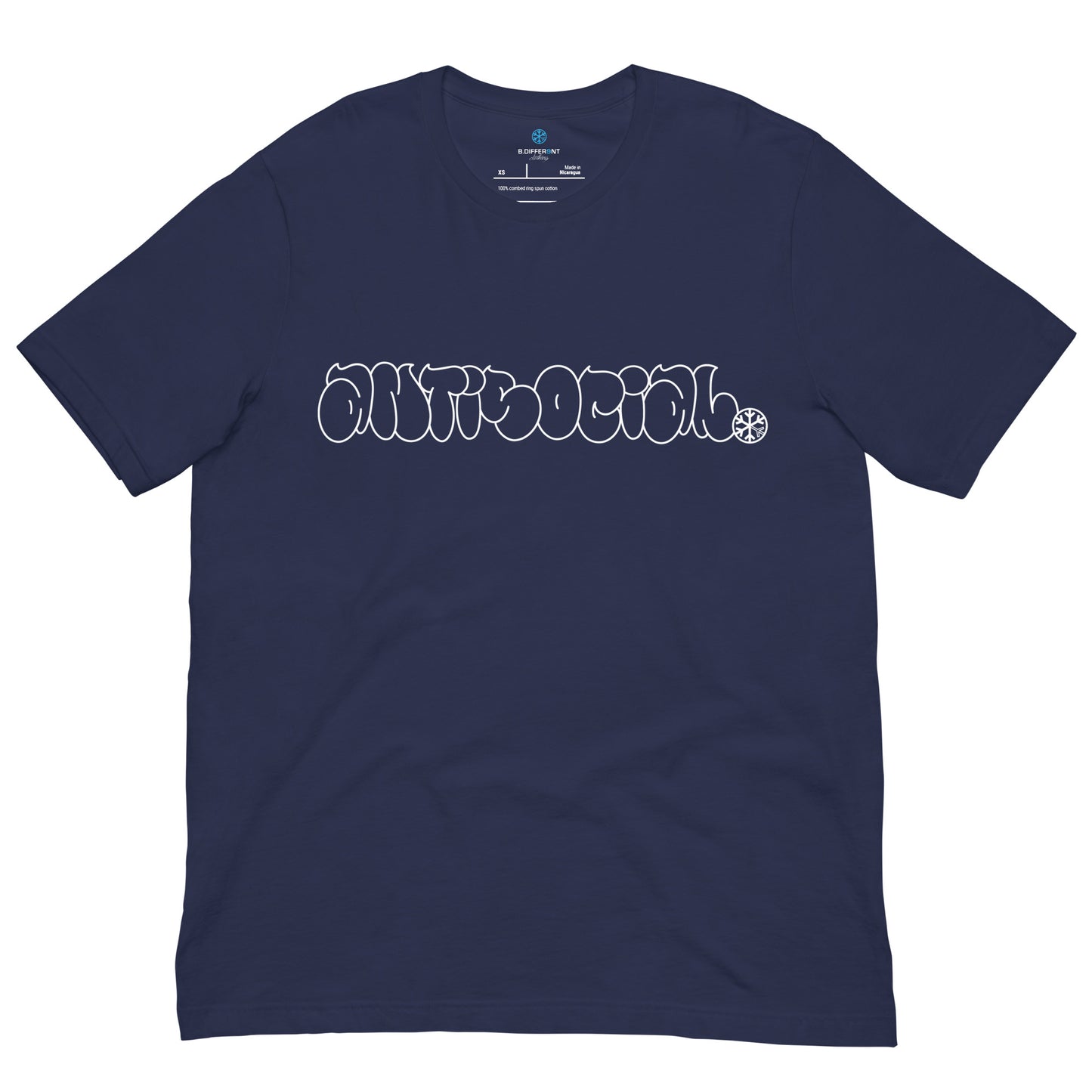 Navy-Antisocial Graffiti Hollow Tee from B.Different Clothing, front view, graffiti-inspired streetwear t-shirt