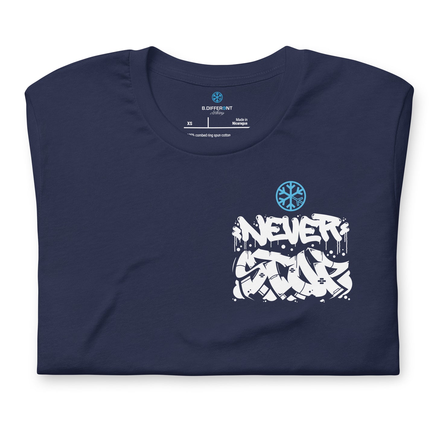 Navy-Never Stop Graffiti Character Tee from B.Different Clothing, folded, graffiti-inspired streetwear t-shirt
