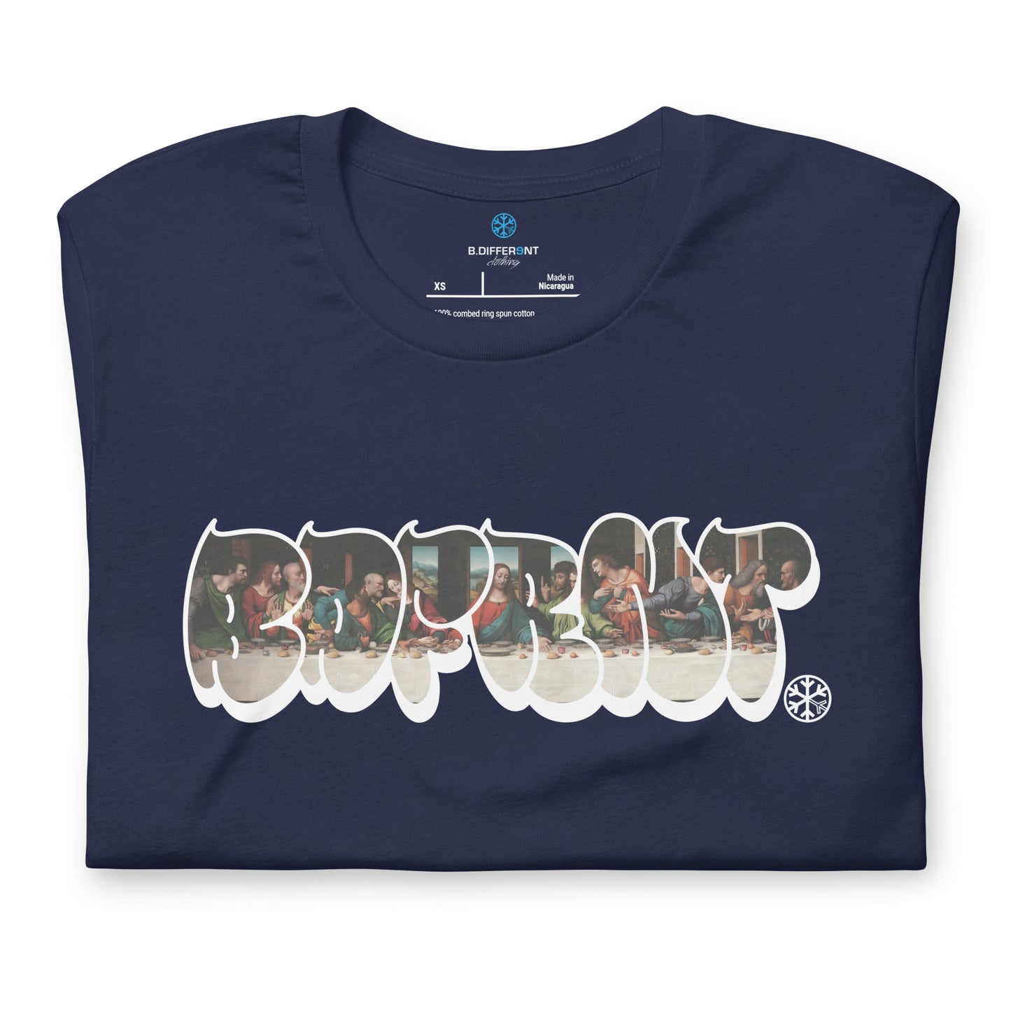 Navy-BDFRNT Throwie x Last Supper Graffiti Tee from B.Different Clothing, folded, graffiti-inspired streetwear t-shirt