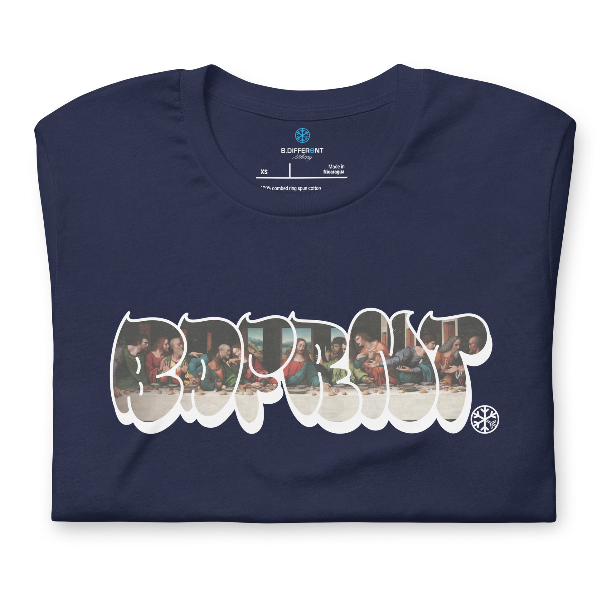 Navy-BDFRNT Throwie x Last Supper Graffiti Tee from B.Different Clothing, folded, graffiti-inspired streetwear t-shirt