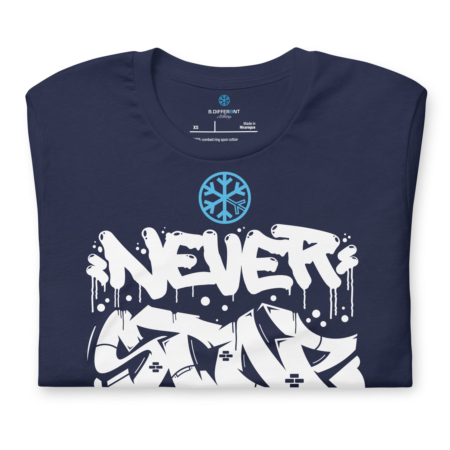 Navy-Never Stop Graffiti Piece Tee from B.Different Clothing, folded, graffiti-inspired streetwear t-shirt