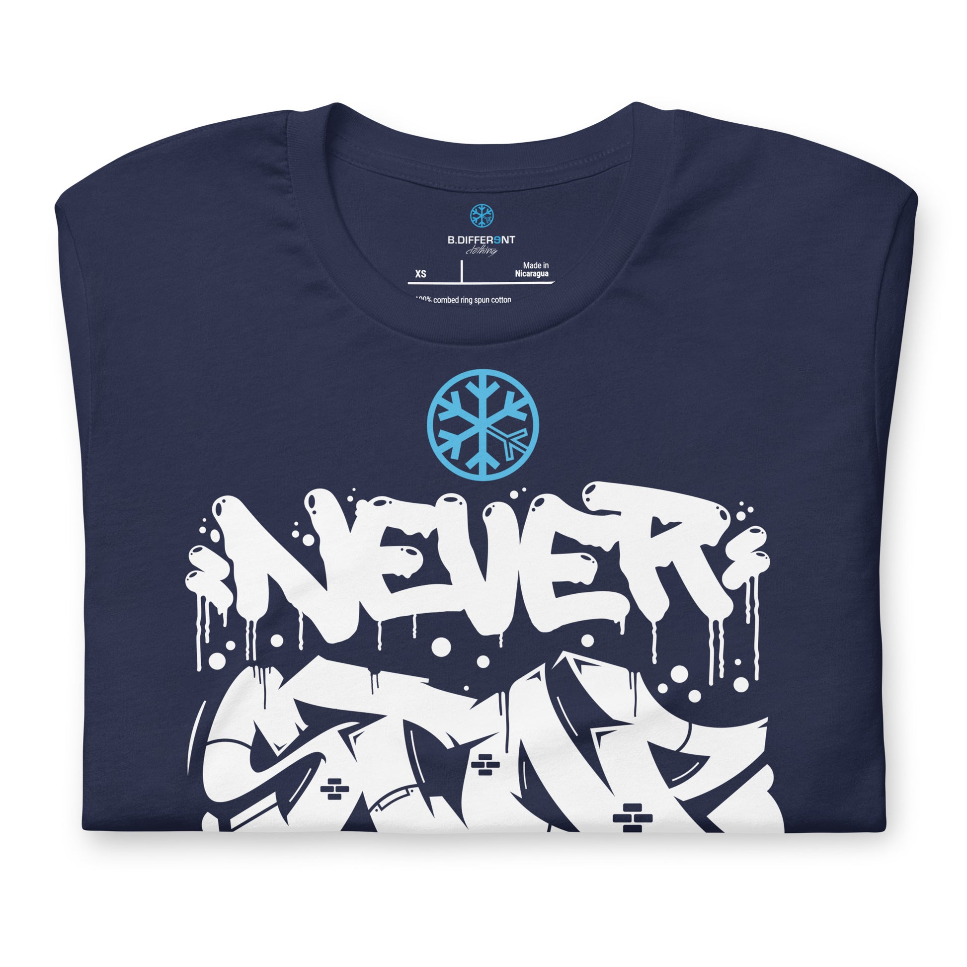 Navy-Never Stop Graffiti Piece Tee from B.Different Clothing, folded, graffiti-inspired streetwear t-shirt