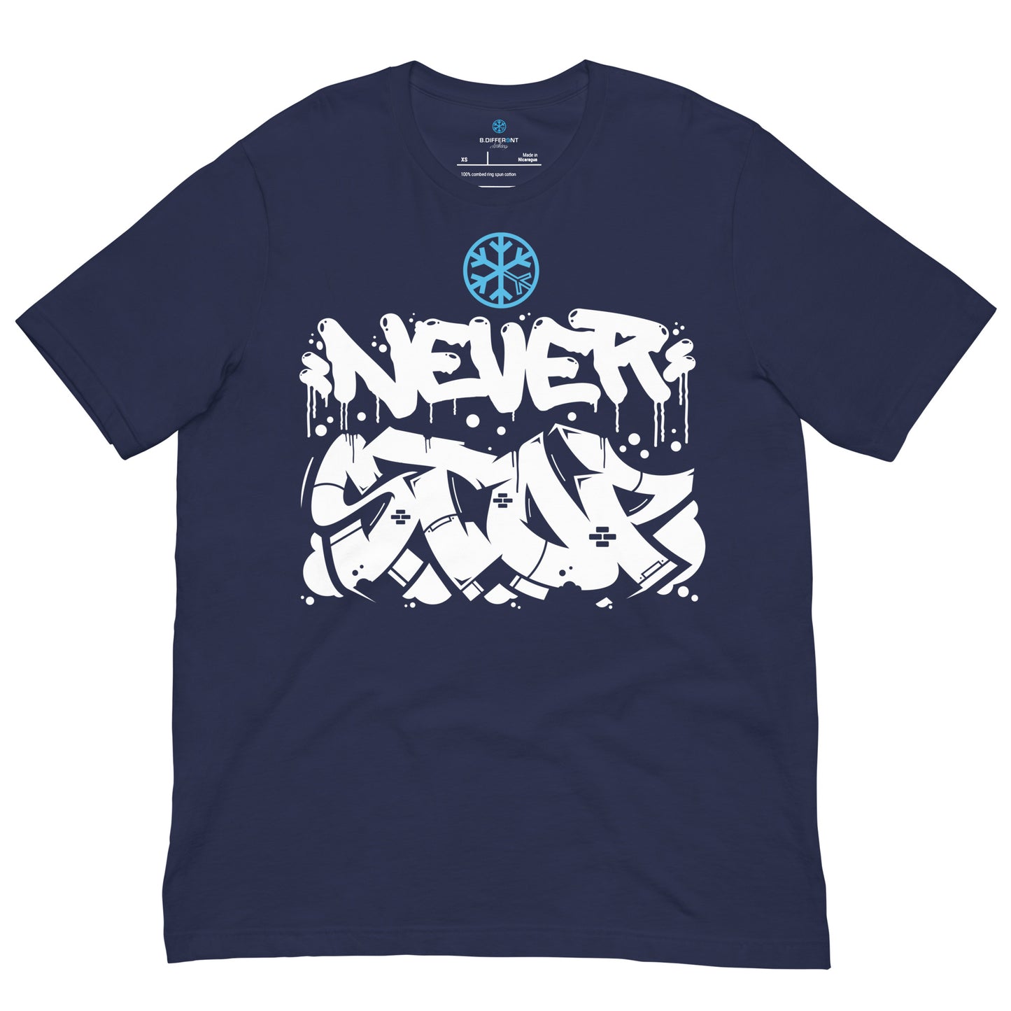 Navy-Never Stop Graffiti Piece Tee from B.Different Clothing, front view, graffiti-inspired streetwear t-shirt