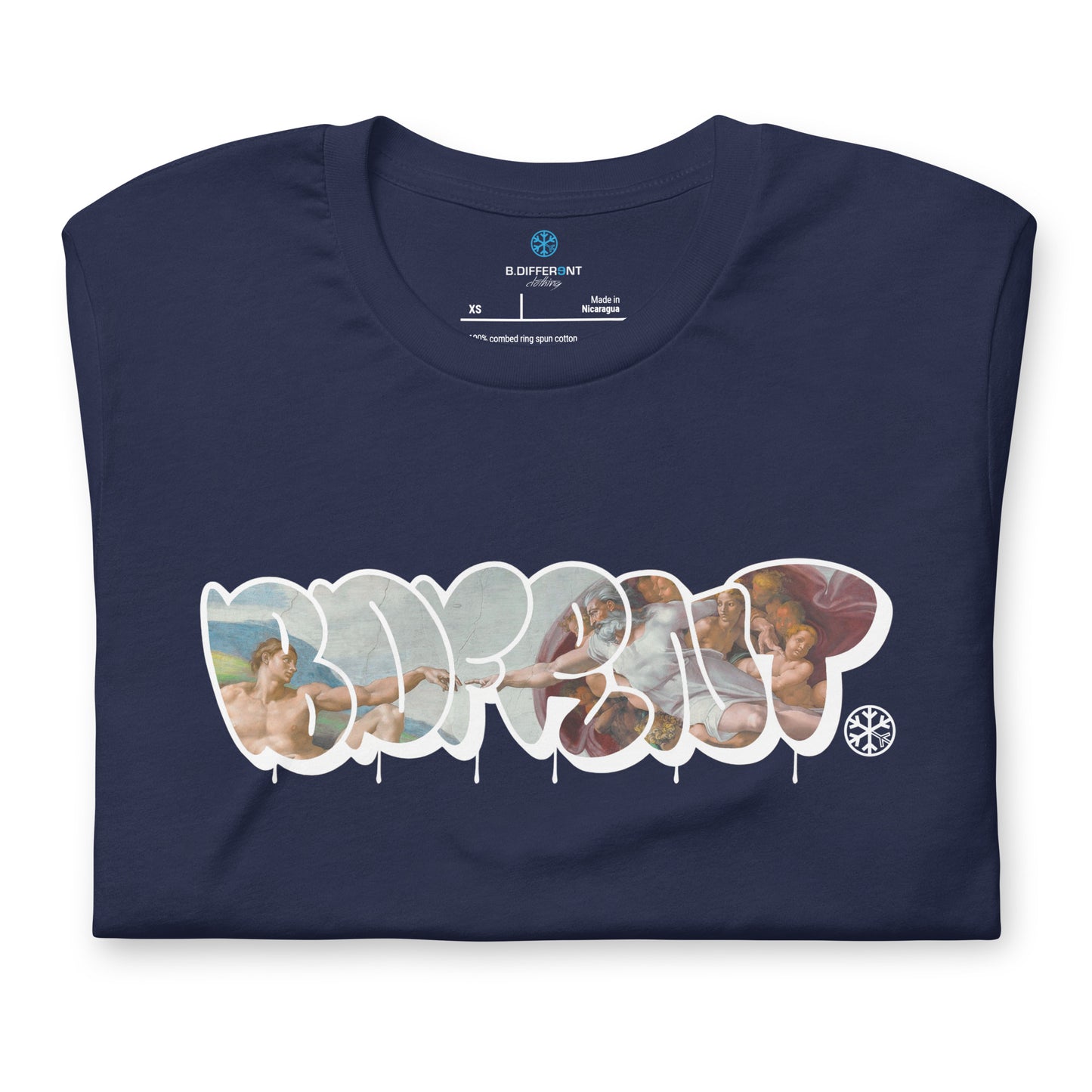 Navy-BDFRNT Throwie x Creation of Adam Graffiti Tee from B.Different Clothing, folded, graffiti-inspired streetwear t-shirt