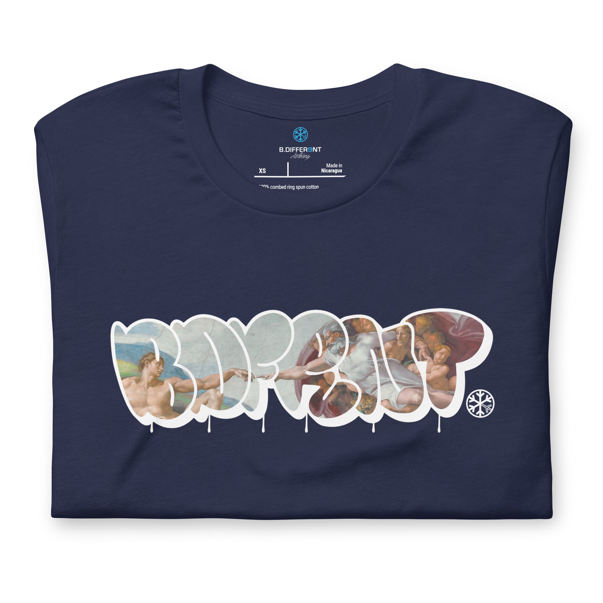 Navy-BDFRNT Throwie x Creation of Adam Graffiti Tee from B.Different Clothing, folded, graffiti-inspired streetwear t-shirt