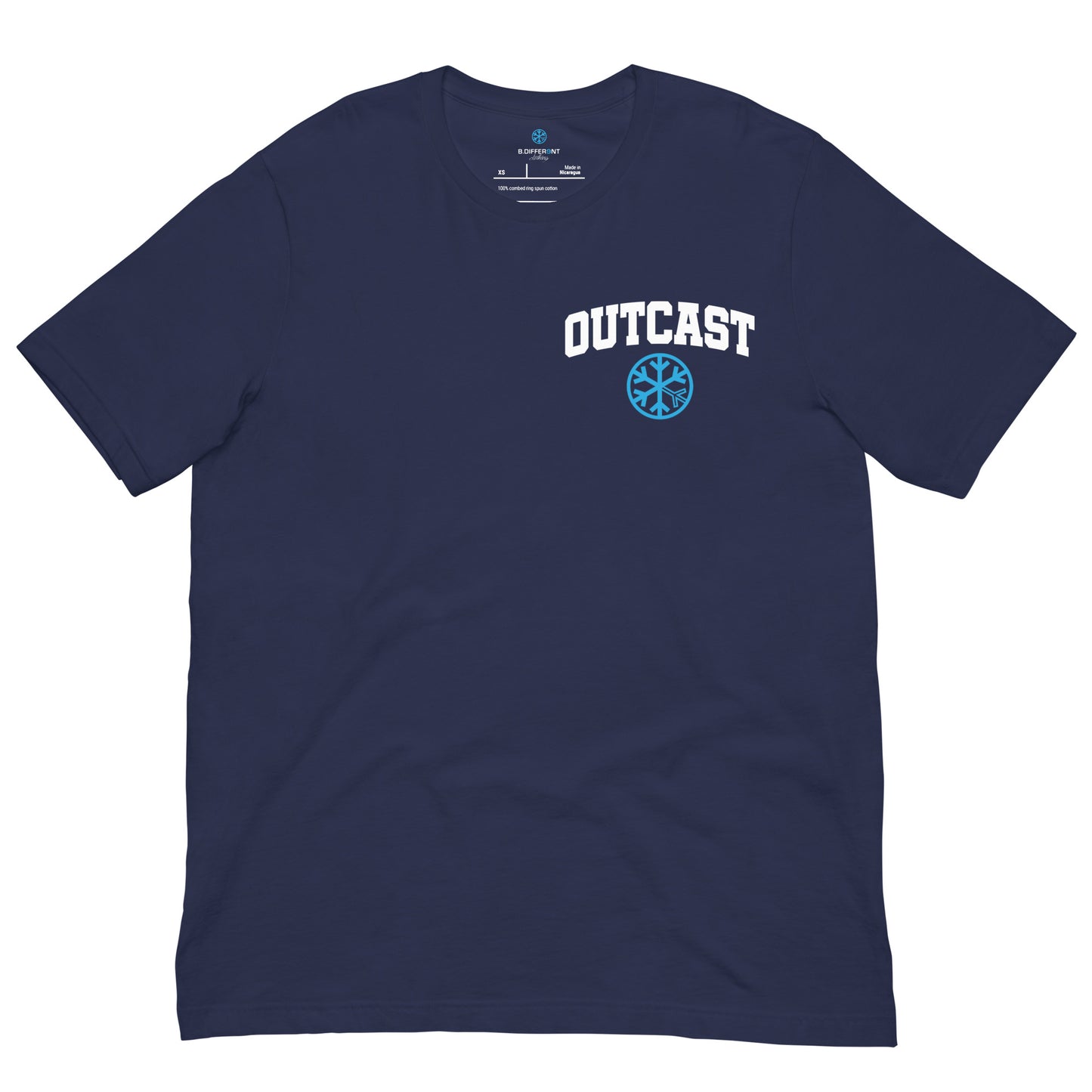 Navy-Outcast Graffiti Character Tee from B.Different Clothing, front view, graffiti-inspired streetwear t-shirt