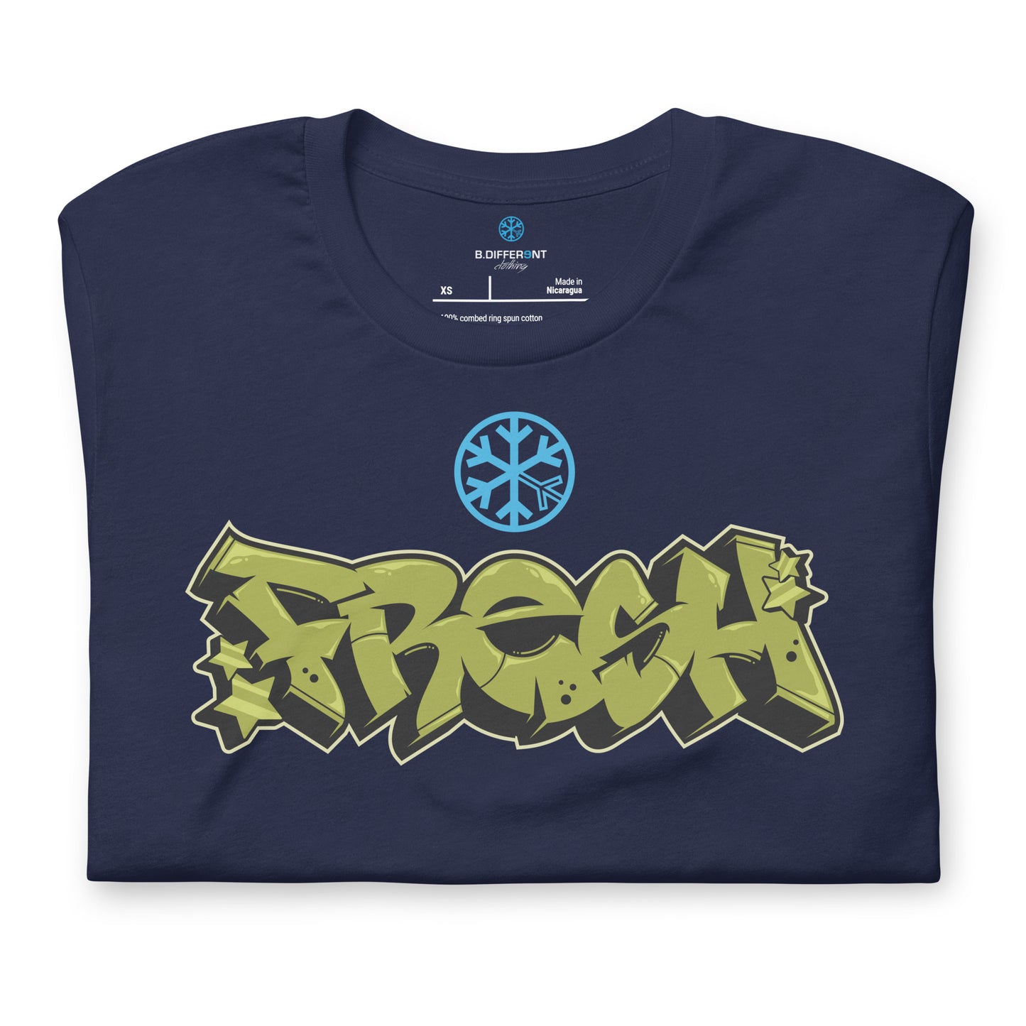 Navy-Fresh Graffiti Piece Tee from B.Different Clothing, folded, graffiti-inspired streetwear t-shirt