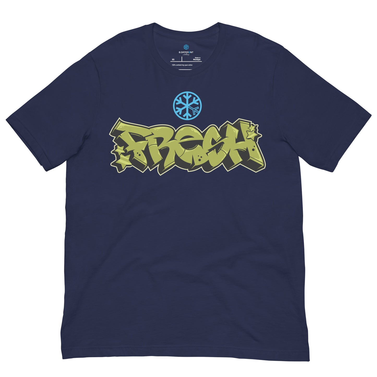 Navy-Fresh Graffiti Piece Tee from B.Different Clothing, front view, graffiti-inspired streetwear t-shirt