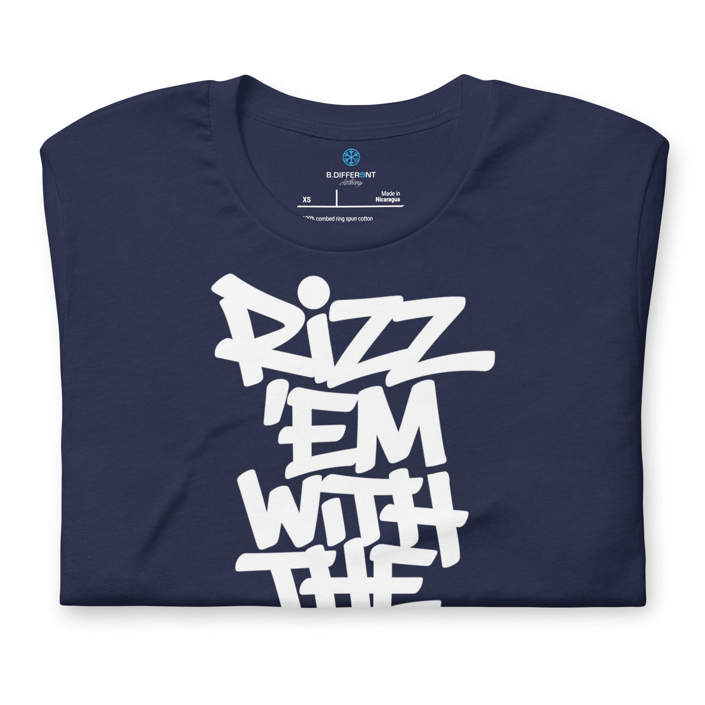 Navy-Rizz 'Em With The 'Tism Graffiti Tee from B.Different Clothing, folded, graffiti-inspired streetwear t-shirt