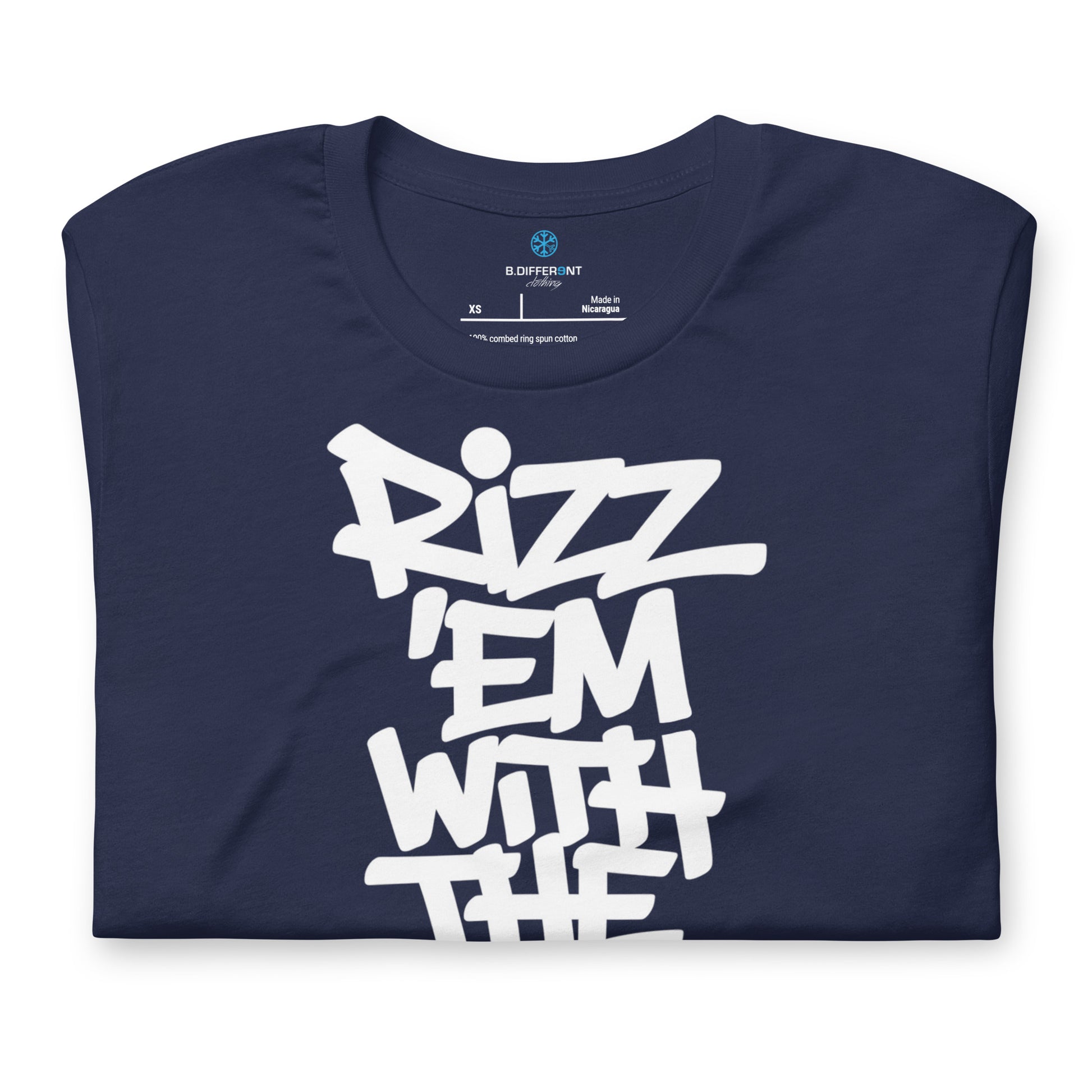 Navy-Rizz 'Em With The 'Tism Graffiti Tee from B.Different Clothing, folded, graffiti-inspired streetwear t-shirt