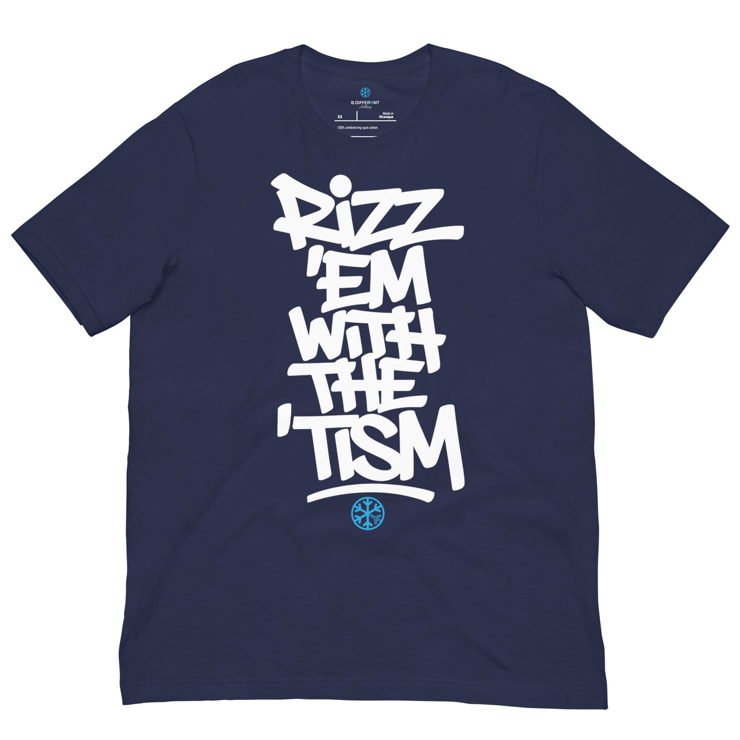 Navy-Rizz 'Em With The 'Tism Graffiti Tee from B.Different Clothing, front view, graffiti-inspired streetwear t-shirt
