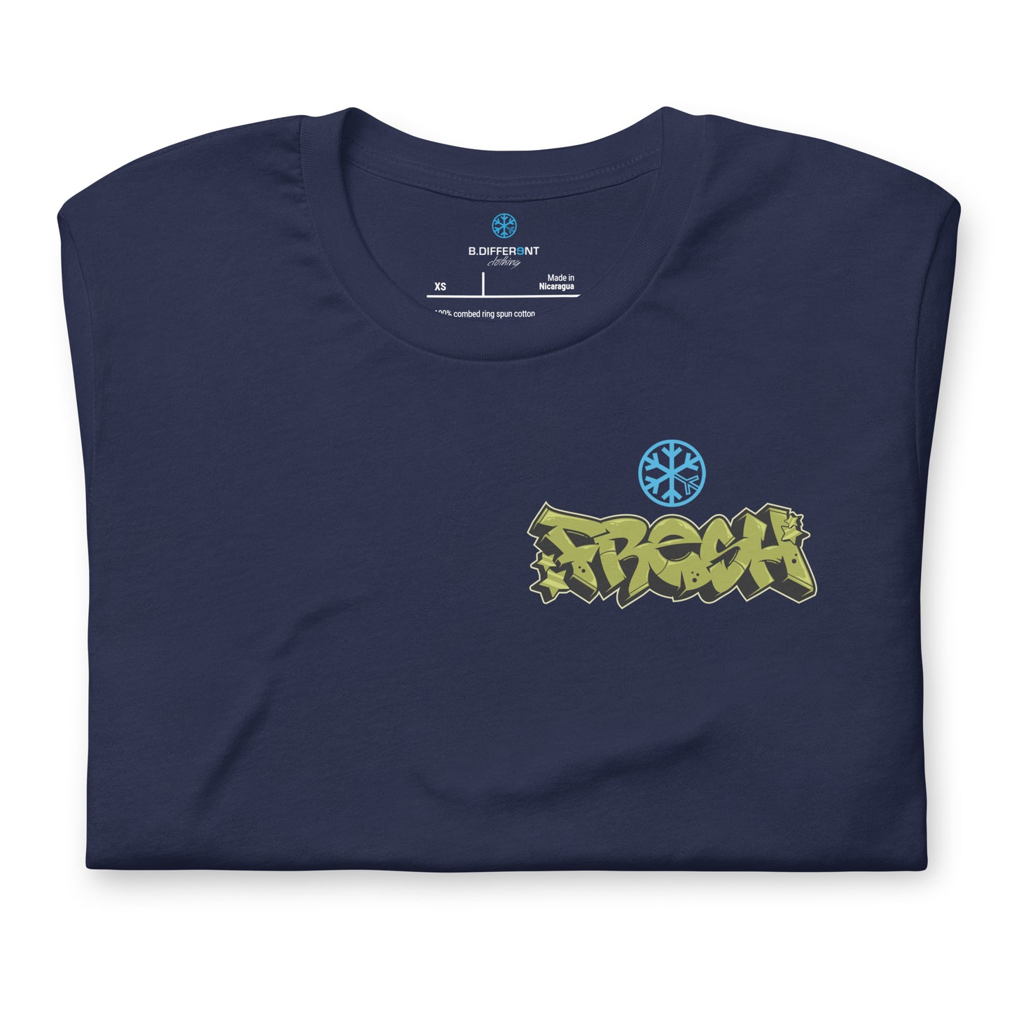 Navy-Fresh Graffiti Character Tee from B.Different Clothing, folded, graffiti-inspired streetwear t-shirt