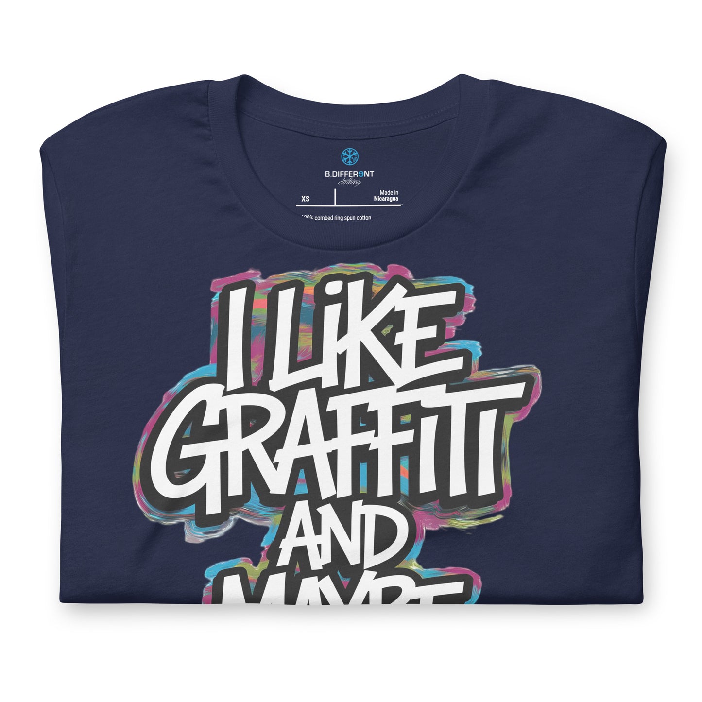 Navy-I Like Graffiti and Maybe 2 People Tee from B.Different Clothing, folded, graffiti-inspired streetwear t-shirt