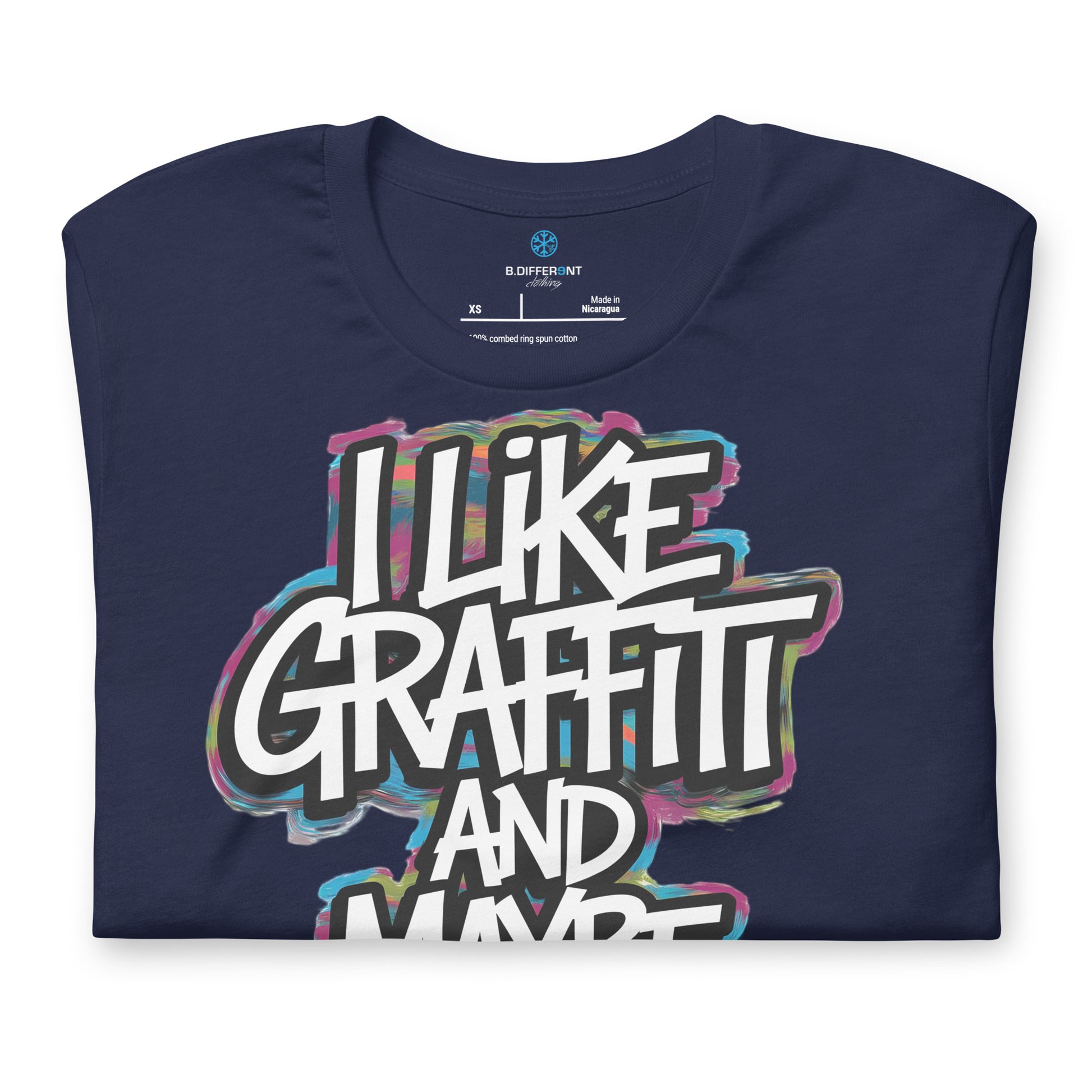Navy-I Like Graffiti and Maybe 2 People Tee from B.Different Clothing, folded, graffiti-inspired streetwear t-shirt