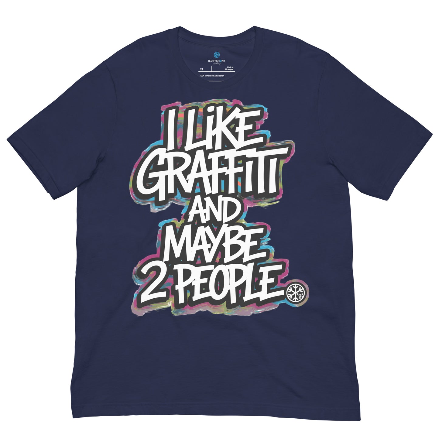 Navy-I Like Graffiti and Maybe 2 People Tee from B.Different Clothing, front view, graffiti-inspired streetwear t-shirt