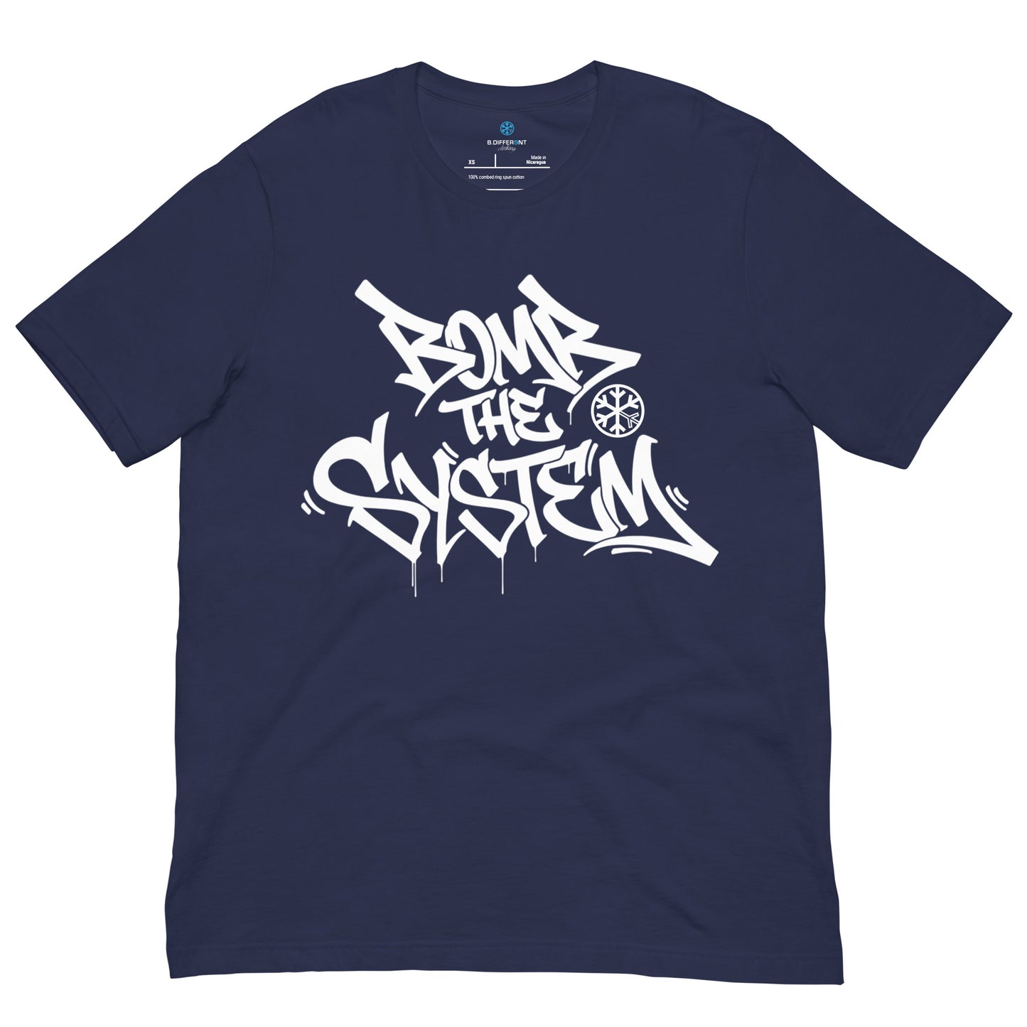 Navy-Bomb The System Graffiti Tee from B.Different Clothing, front view, graffiti-inspired streetwear t-shirt