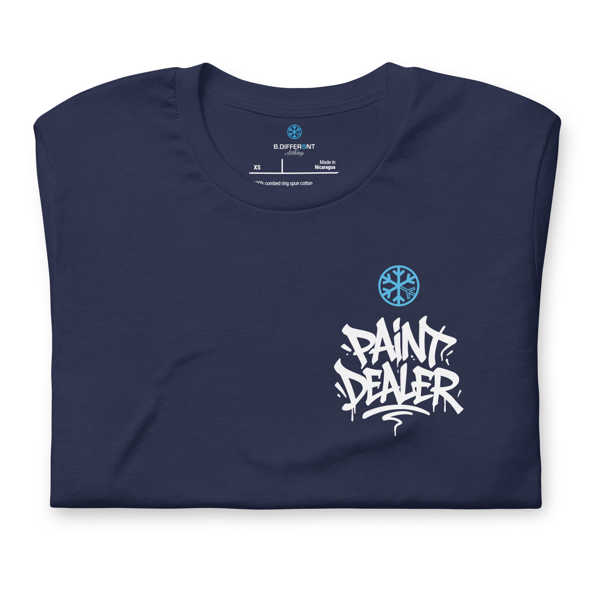Navy-Paint Dealer Graffiti Character Tee from B.Different Clothing, folded, graffiti-inspired streetwear t-shirt