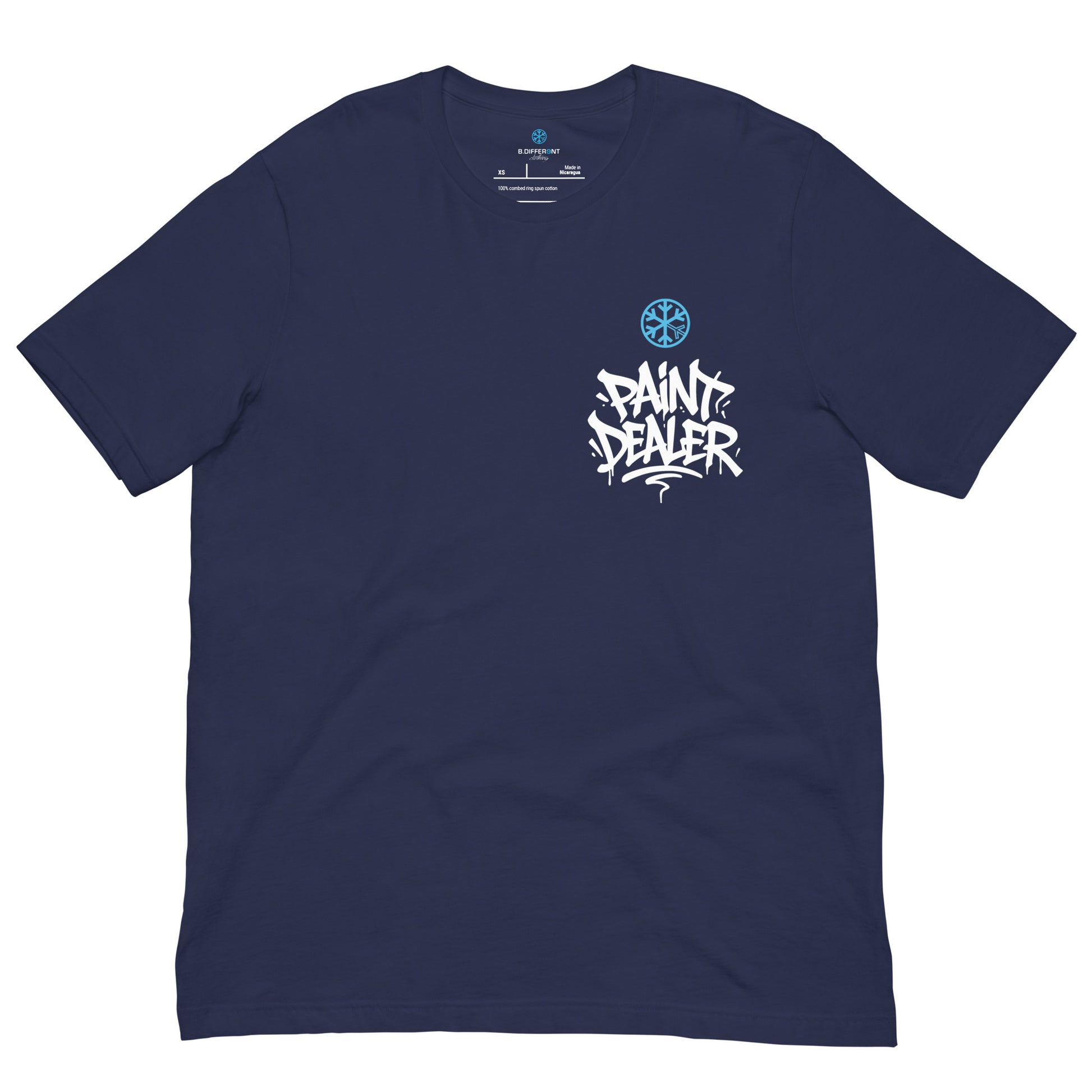 Navy-Paint Dealer Graffiti Character Tee from B.Different Clothing, front view, graffiti-inspired streetwear t-shirt