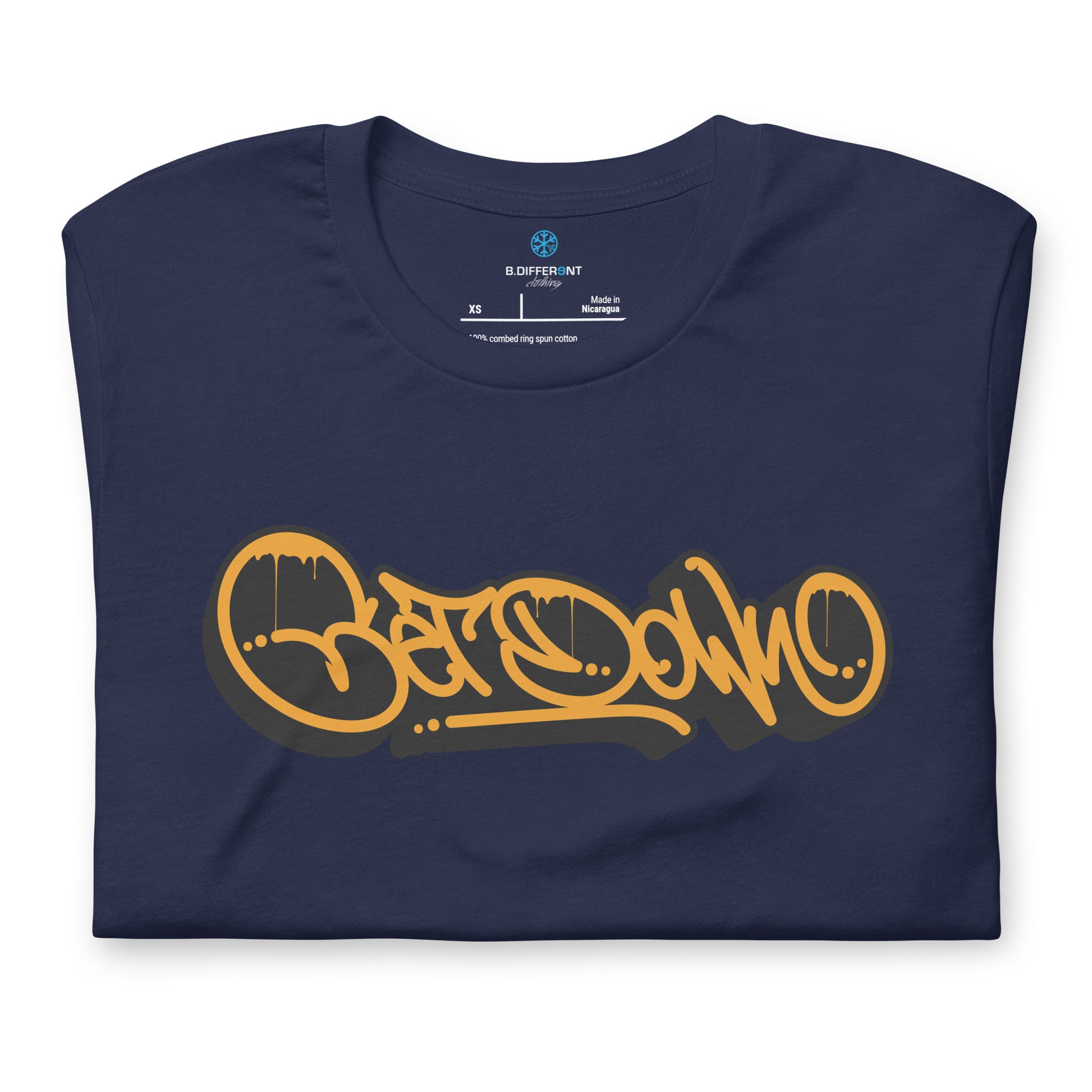 Navy-Get Down Graffiti Tag Tee from B.Different Clothing, folded, graffiti-inspired streetwear t-shirt