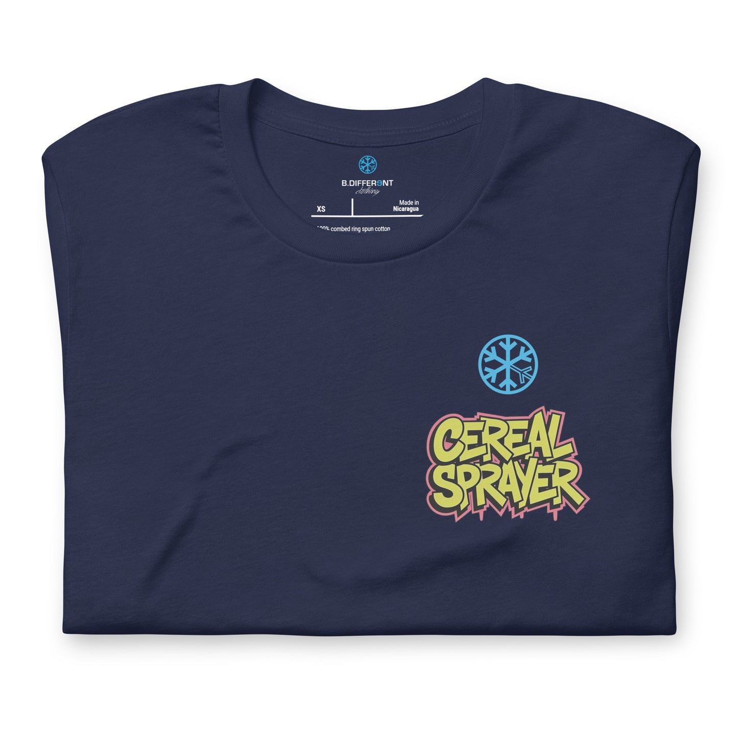 Navy-Cereal Sprayer Graffiti Tee from B.Different Clothing, folded, graffiti-inspired streetwear t-shirt