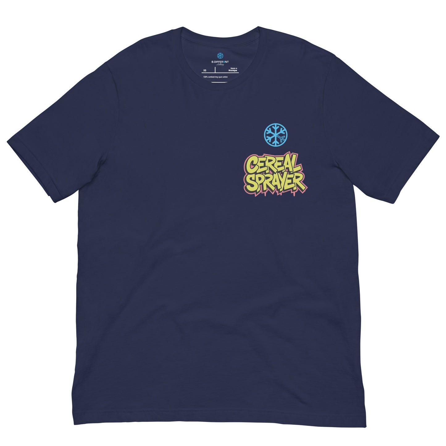 Navy-Cereal Sprayer Graffiti Tee from B.Different Clothing, front view, graffiti-inspired streetwear t-shirt