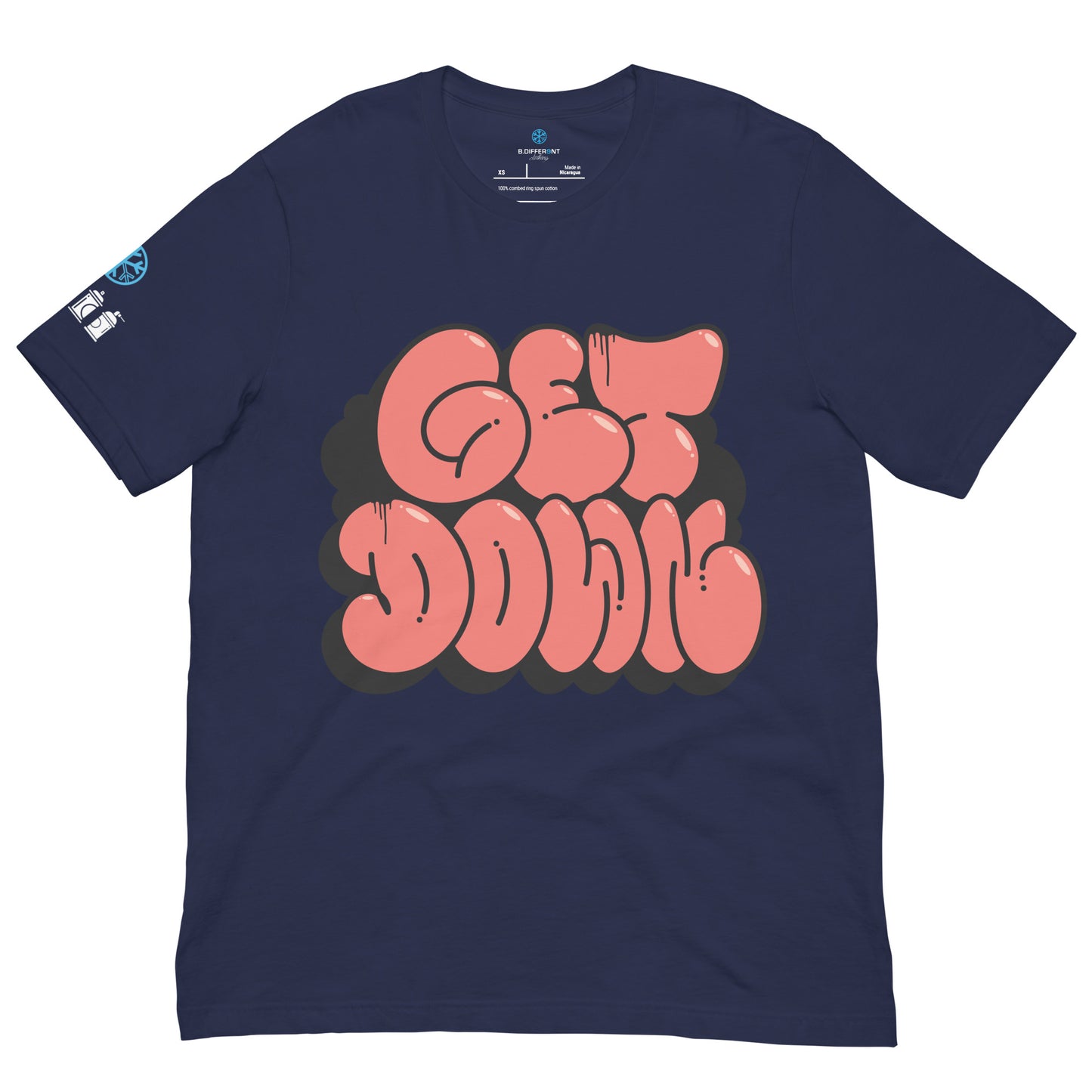 Navy-Get Down Graffiti Throw-up Tee from B.Different Clothing, front view, graffiti-inspired streetwear t-shirt