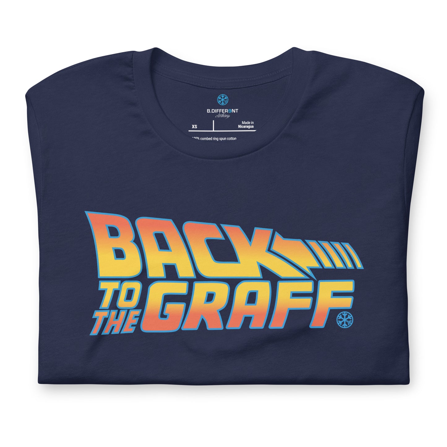 Navy-Back to the Graff Tee from B.Different Clothing, folded, graffiti-inspired streetwear t-shirt