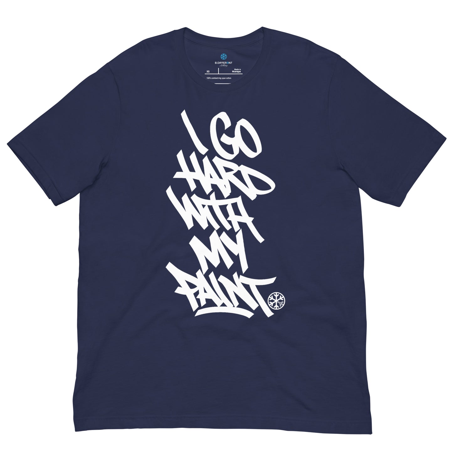 Navy-I Go Hard With My Paint Graffiti Tee from B.Different Clothing, front view, graffiti-inspired streetwear t-shirt