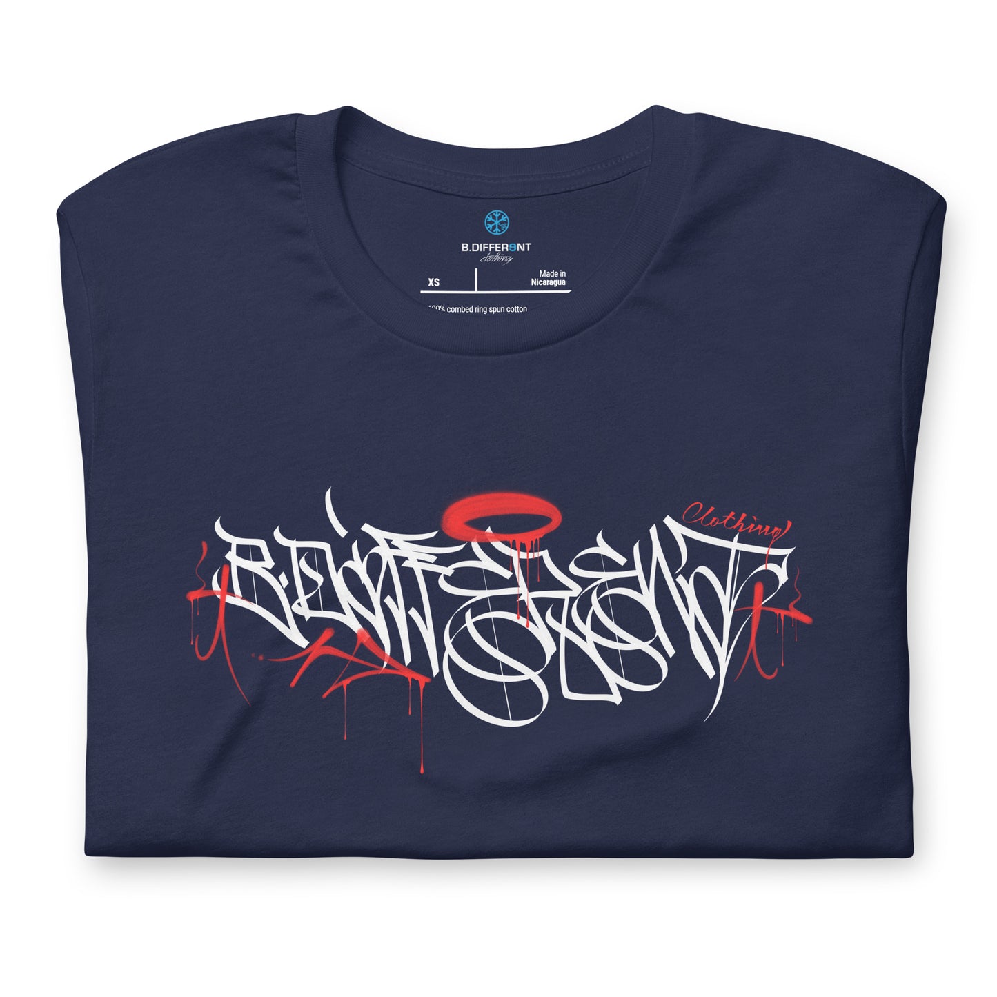 Navy-Caos One Collab Graffiti Tee from B.Different Clothing, folded, graffiti-inspired streetwear t-shirt