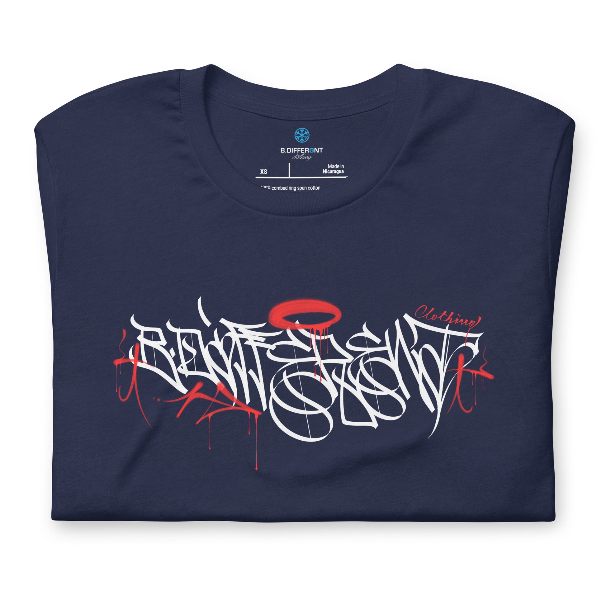 Navy-Caos One Collab Graffiti Tee from B.Different Clothing, folded, graffiti-inspired streetwear t-shirt