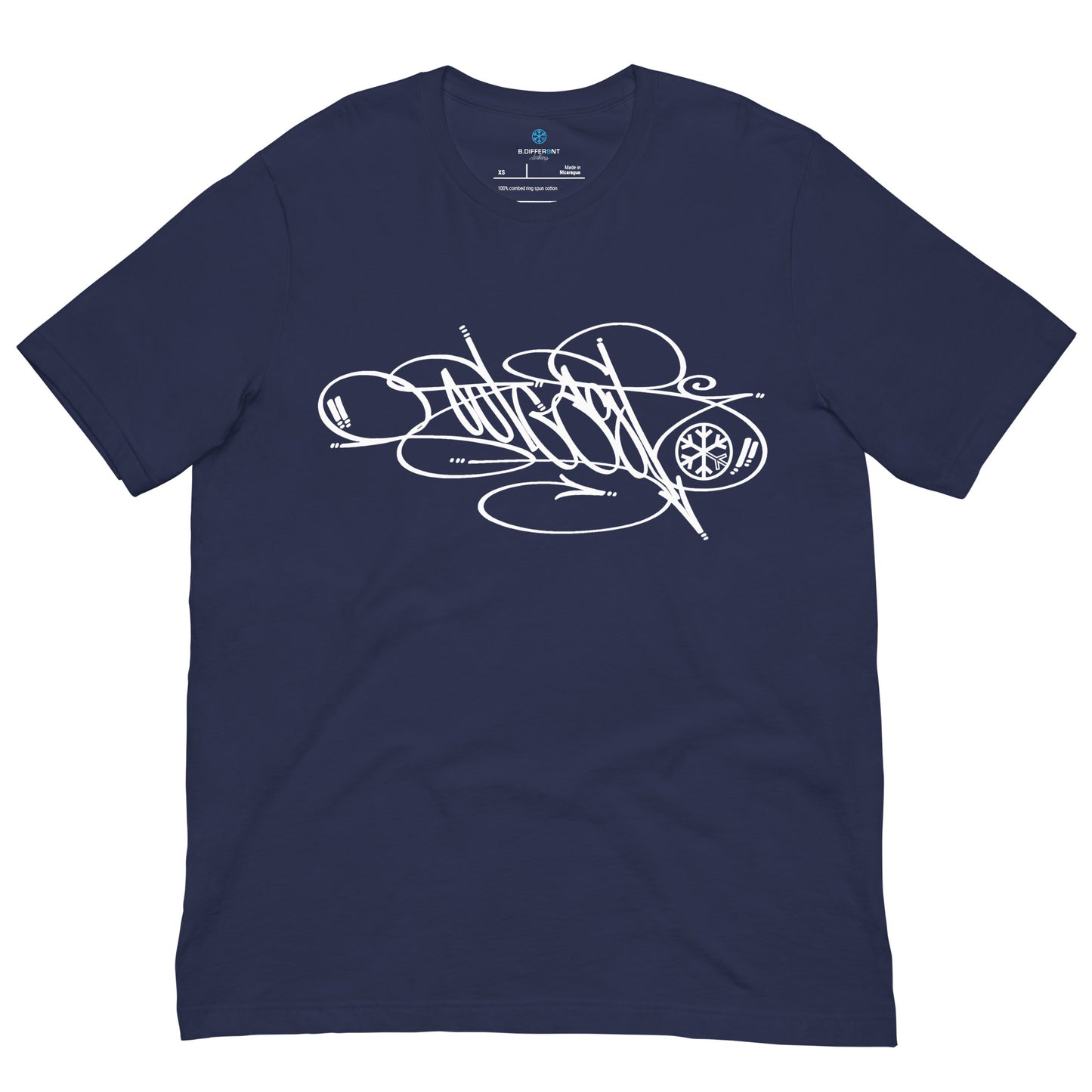 Navy-Outcast Tag Tee by Graffiti Dad from B.Different Clothing, front view, graffiti-inspired streetwear t-shirt