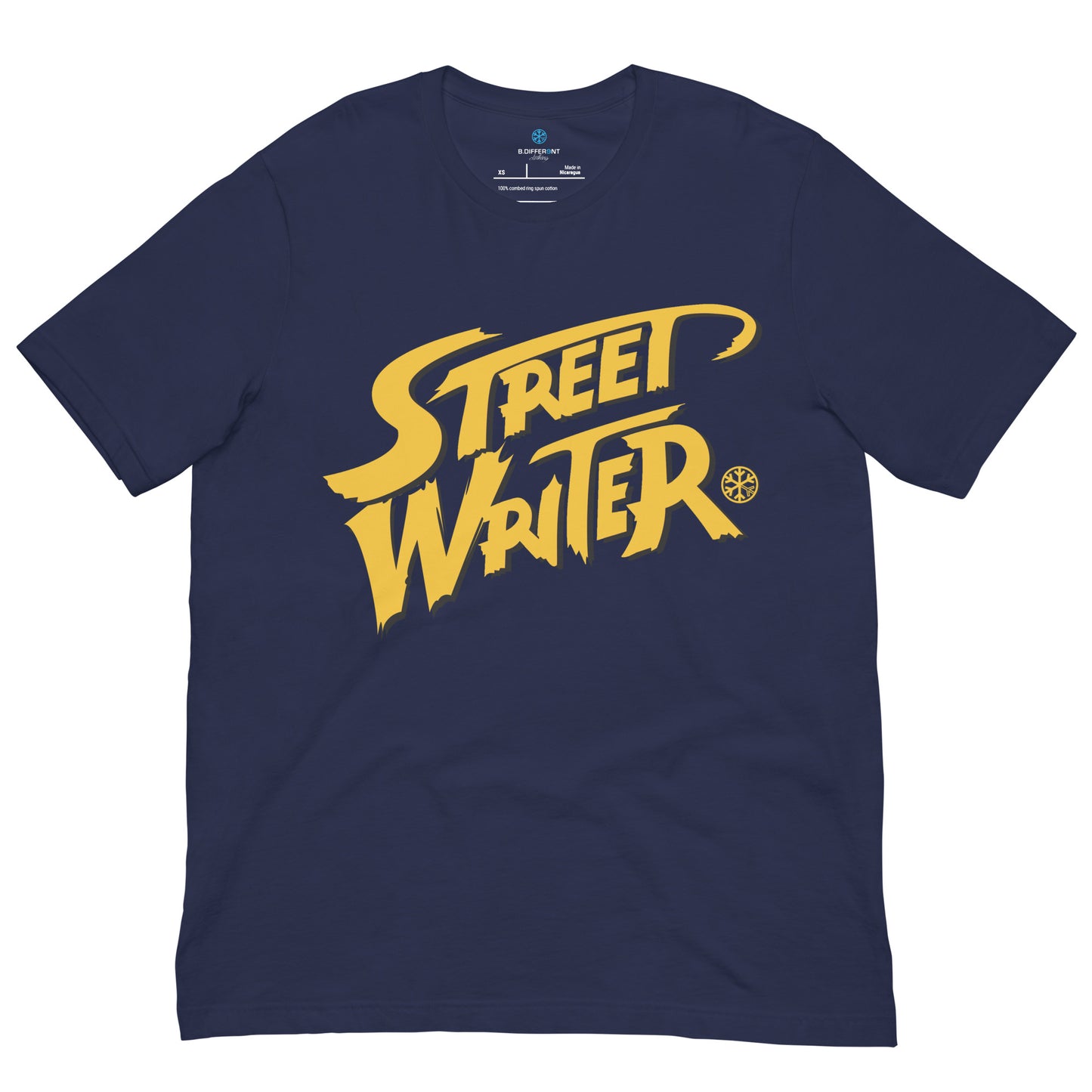 Navy-Street Writer Graffiti Tee from B.Different Clothing, front view, graffiti-inspired streetwear t-shirt