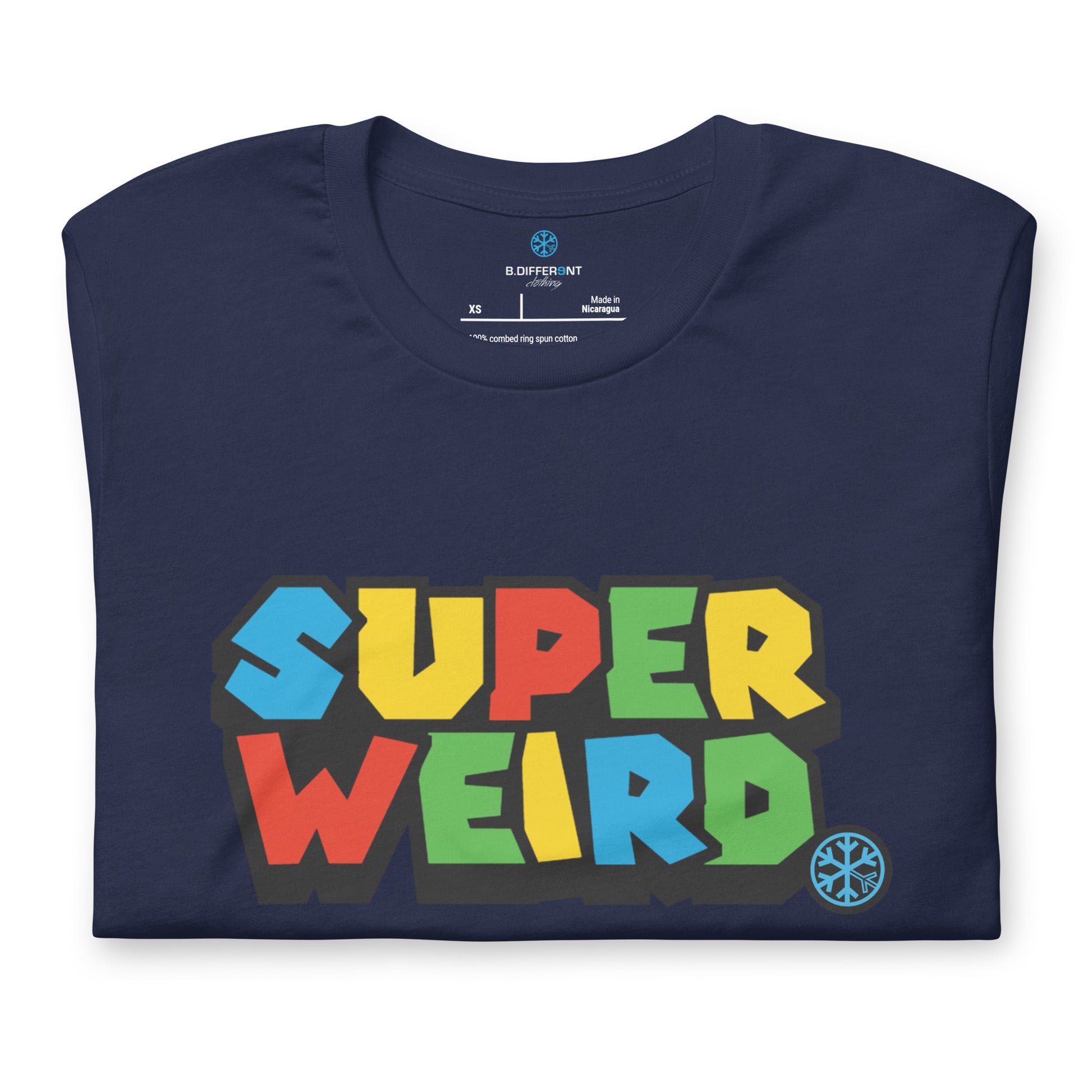 Navy-Super Weird Tee from B.Different Clothing, folded, graffiti-inspired streetwear t-shirt