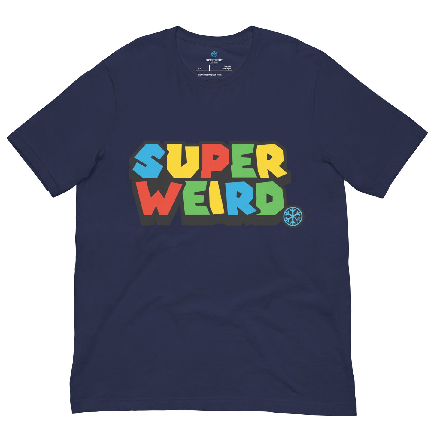 Navy-Super Weird Tee from B.Different Clothing, front view, graffiti-inspired streetwear t-shirt