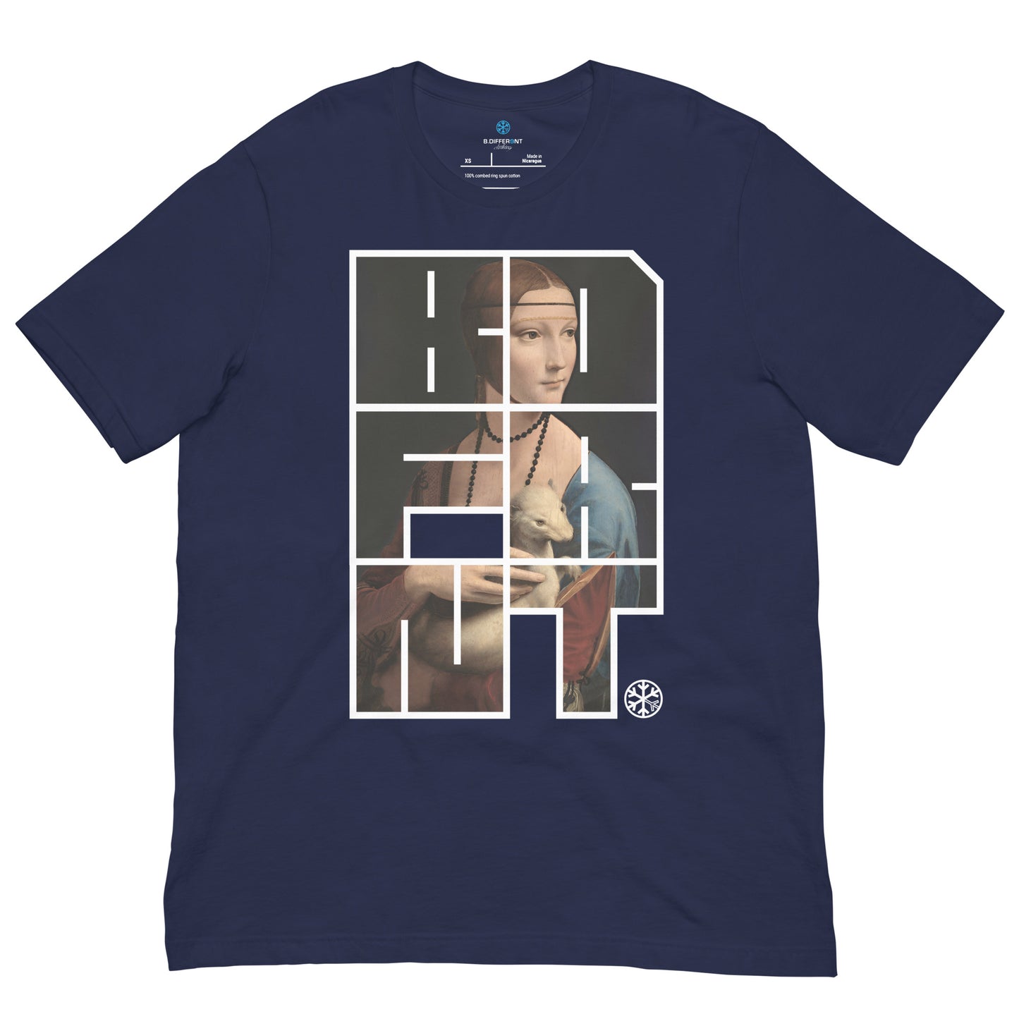 Navy-BDFRNT Blockbuster x Lady With Ermine Graffiti Tee from B.Different Clothing, front view, graffiti-inspired streetwear t-shirt