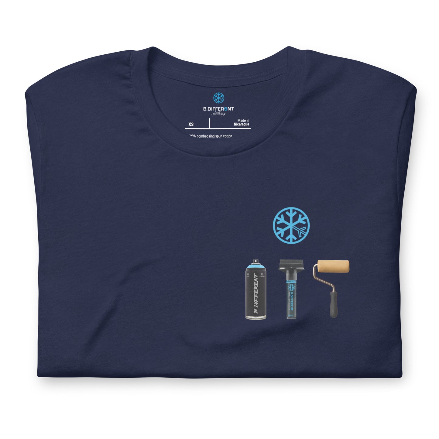 Navy-Graffiti Artist Action Figure Tee from B.Different Clothing, folded, graffiti-inspired streetwear t-shirt