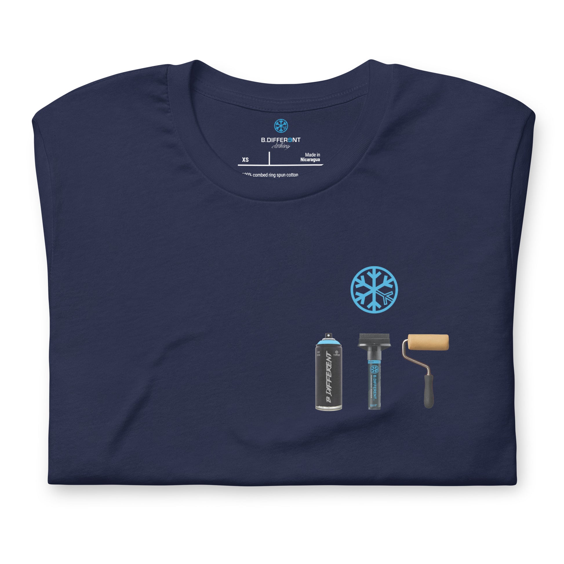 Navy-Graffiti Artist Action Figure Tee from B.Different Clothing, folded, graffiti-inspired streetwear t-shirt