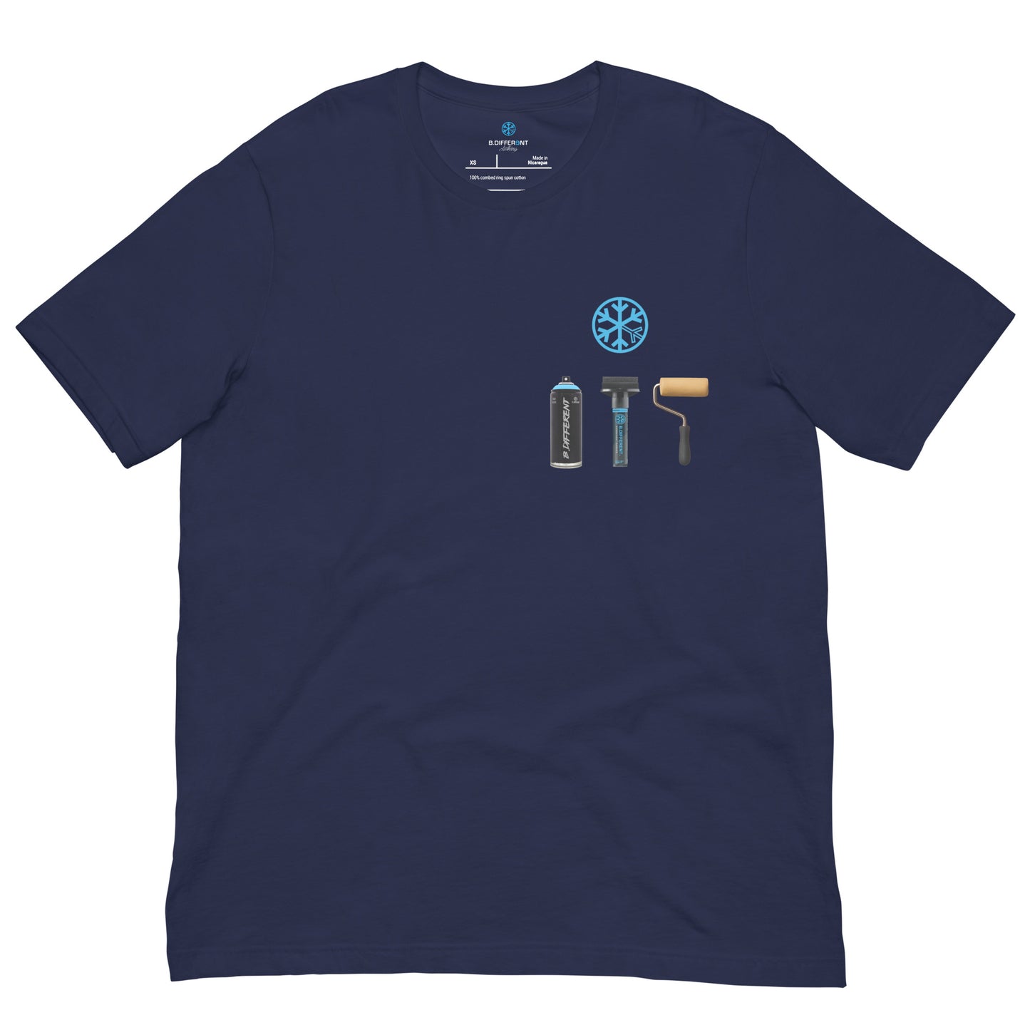 Navy-Graffiti Artist Action Figure Tee from B.Different Clothing, front view, graffiti-inspired streetwear t-shirt