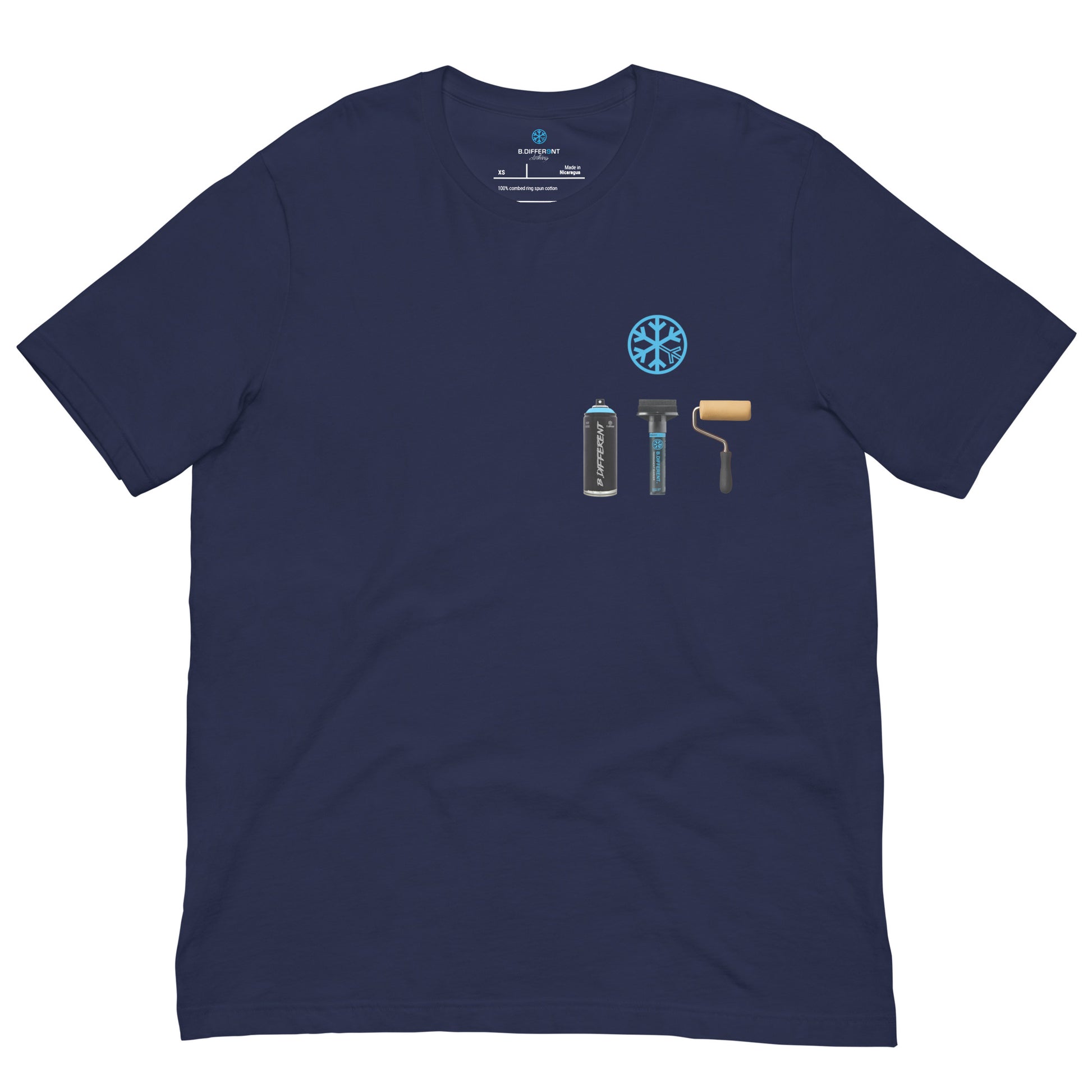 Navy-Graffiti Artist Action Figure Tee from B.Different Clothing, front view, graffiti-inspired streetwear t-shirt