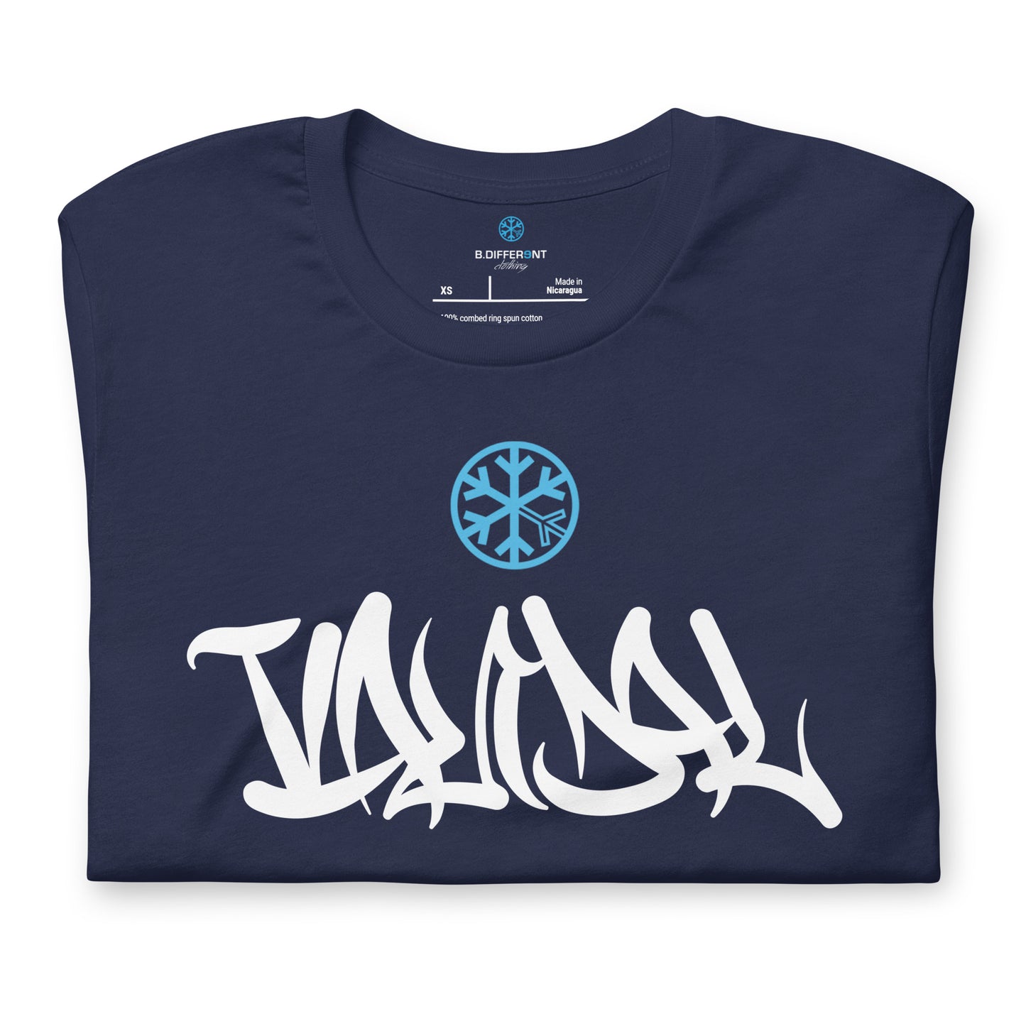 Navy-Vandal Graffiti Tag Tee from B.Different Clothing, folded, graffiti-inspired streetwear t-shirt