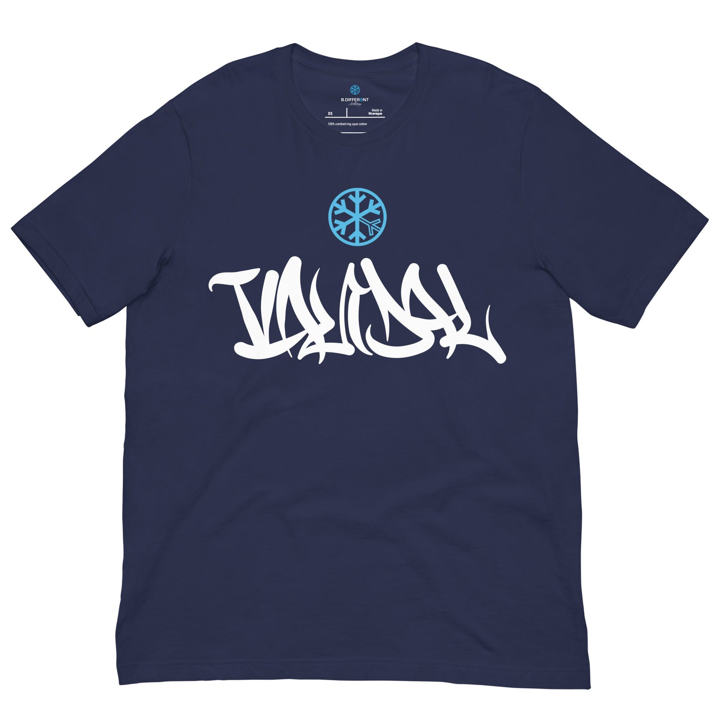 Navy-Vandal Graffiti Tag Tee from B.Different Clothing, front view, graffiti-inspired streetwear t-shirt