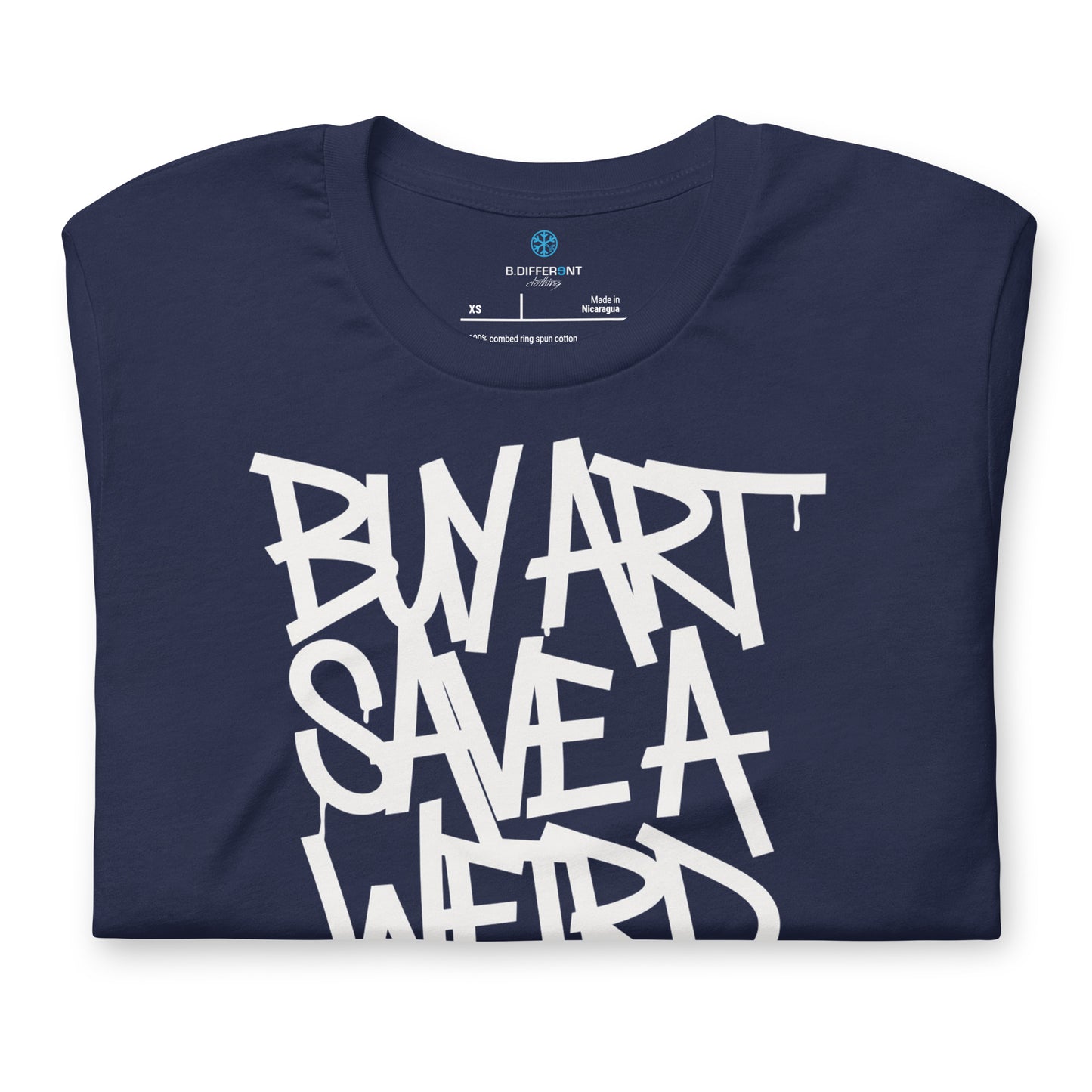 Navy-Buy Art Save a Weird Person Graffiti Tee from B.Different Clothing, folded, graffiti-inspired streetwear t-shirt