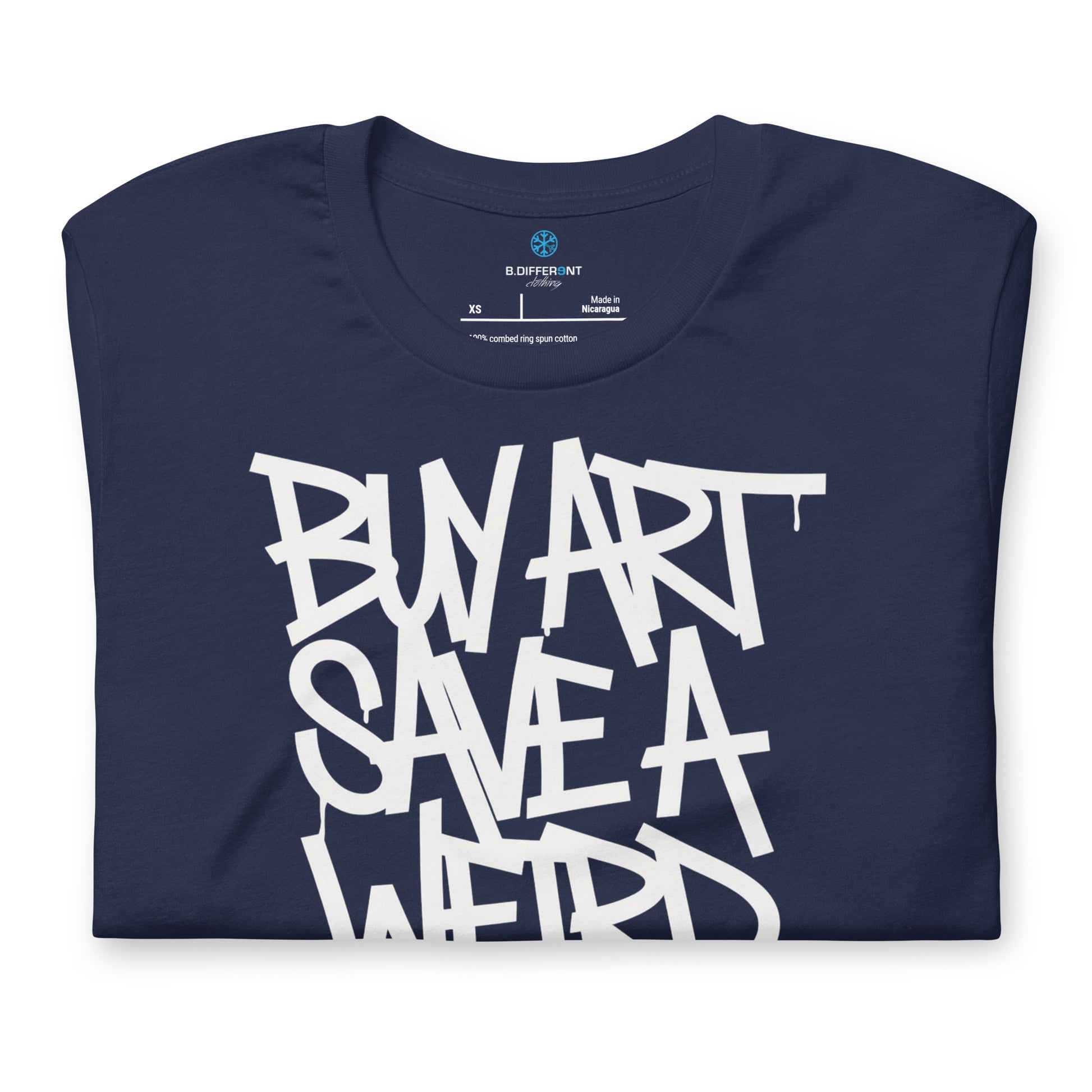 Navy-Buy Art Save a Weird Person Graffiti Tee from B.Different Clothing, folded, graffiti-inspired streetwear t-shirt