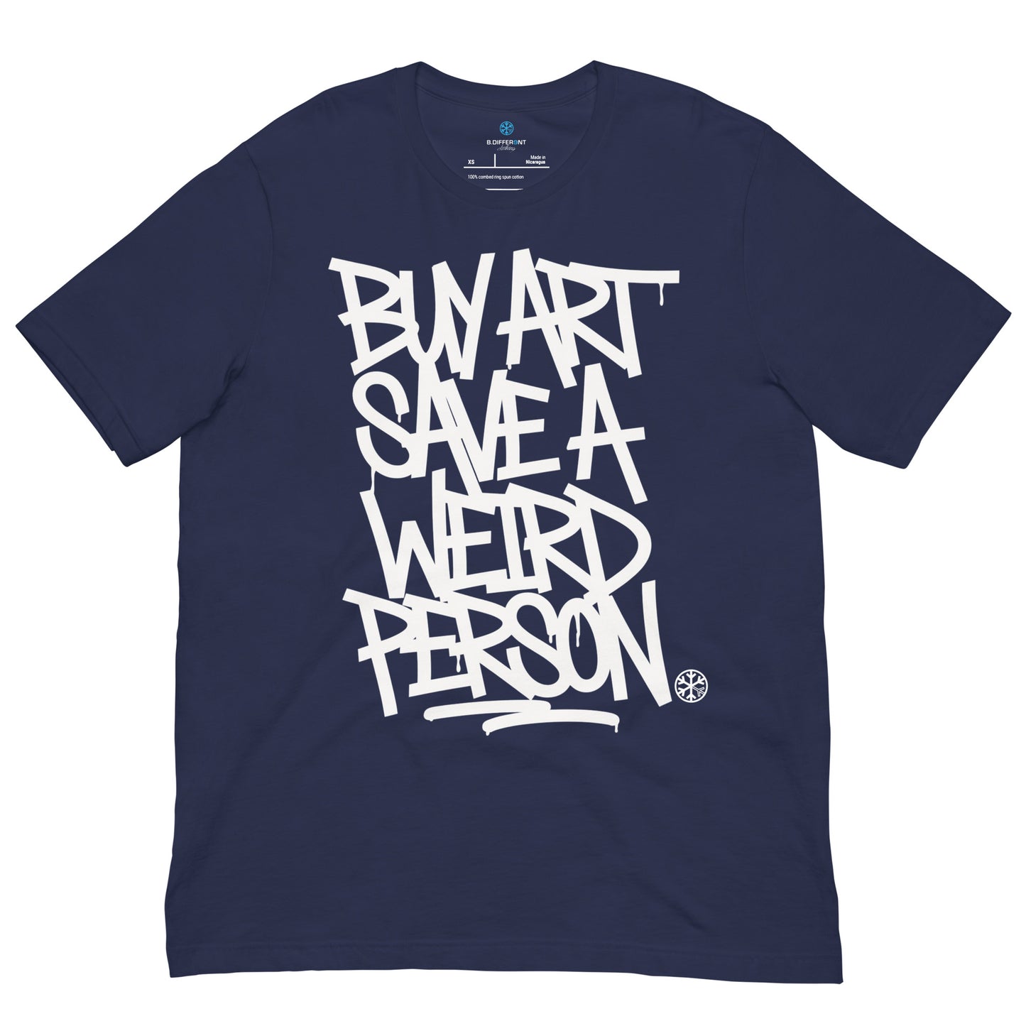 Navy-Buy Art Save a Weird Person Graffiti Tee from B.Different Clothing, front view, graffiti-inspired streetwear t-shirt
